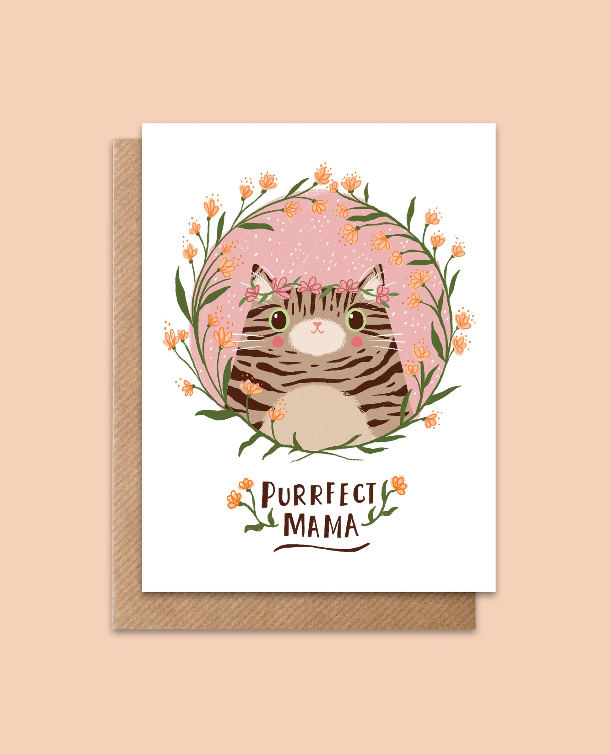 Mother's Day card with tabby cat and floral border, saying 'Purrfect Mama