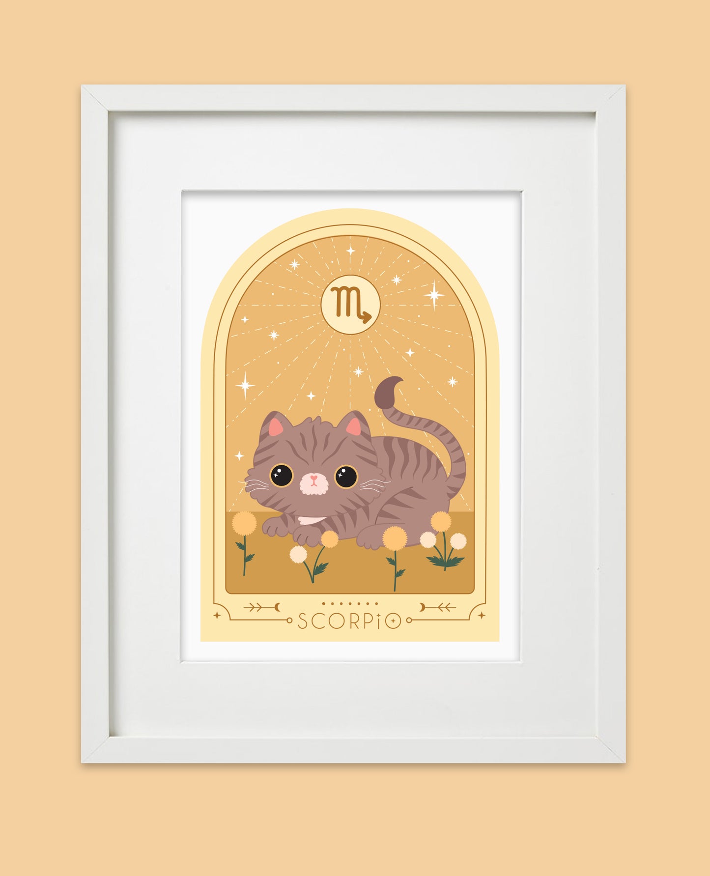 Framed tabby cat with a Scorpio tail in a Scorpio Zodiac Art Print. Perfect astrology gift for Scorpio, ideal as a Scorpio birthday gift or framed cat star sign art