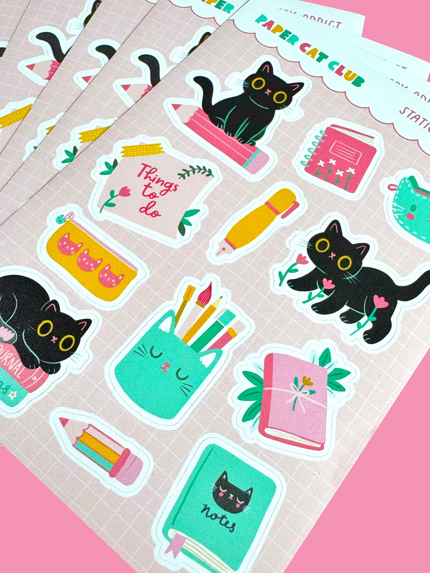 Cute Cat Stationery Addict A6 Sticker Sheet - Kawaii Planner & Journal Stickers