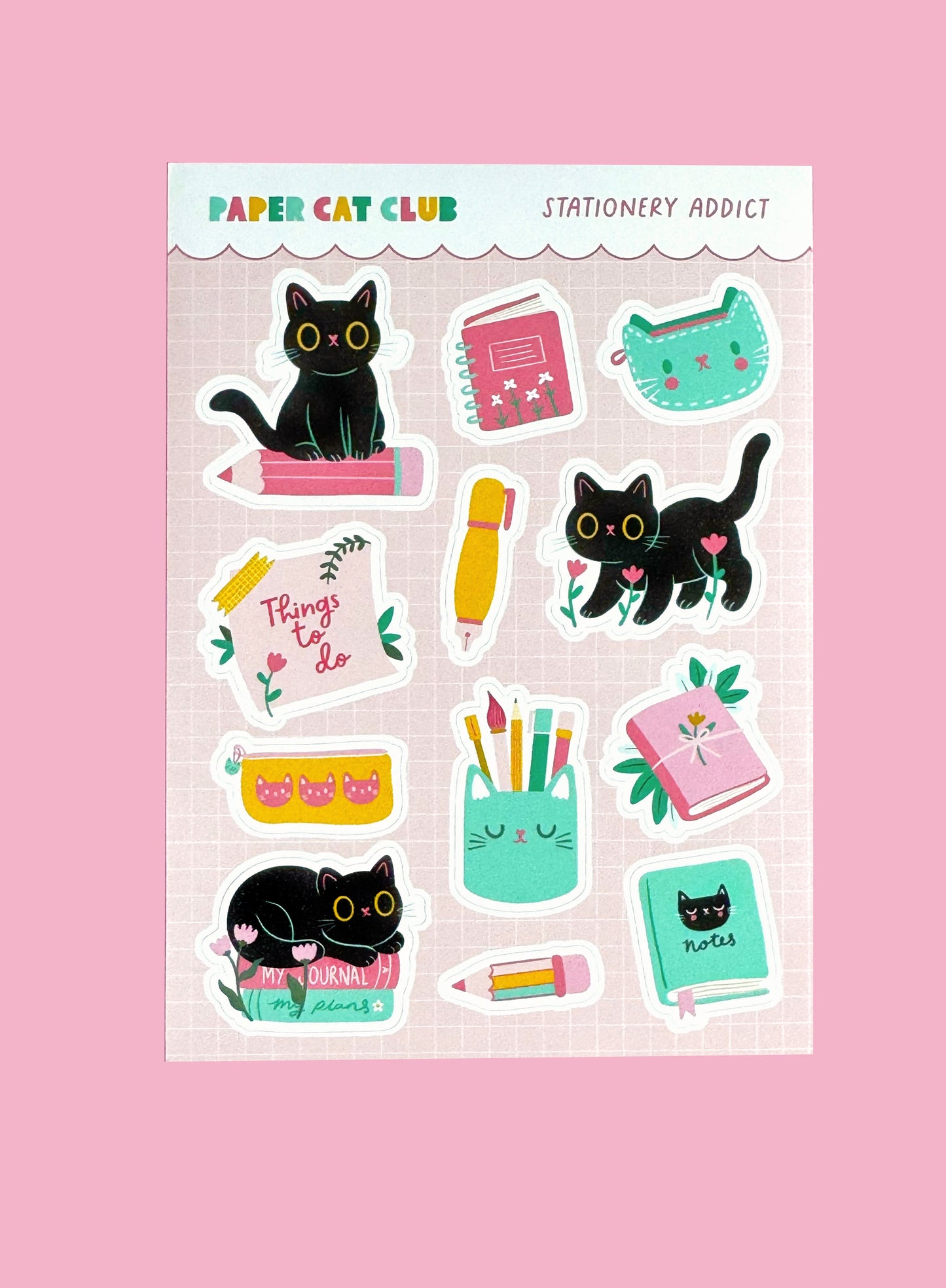 Cute Cat Stationery Addict A6 Sticker Sheet - Kawaii Planner & Journal Stickers