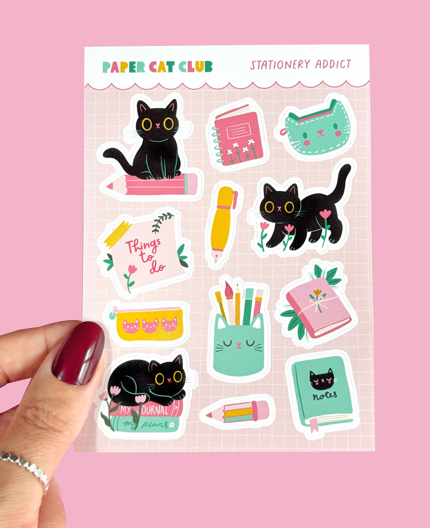 Cute Cat Stationery Addict A6 Sticker Sheet - Kawaii Planner & Journal Stickers