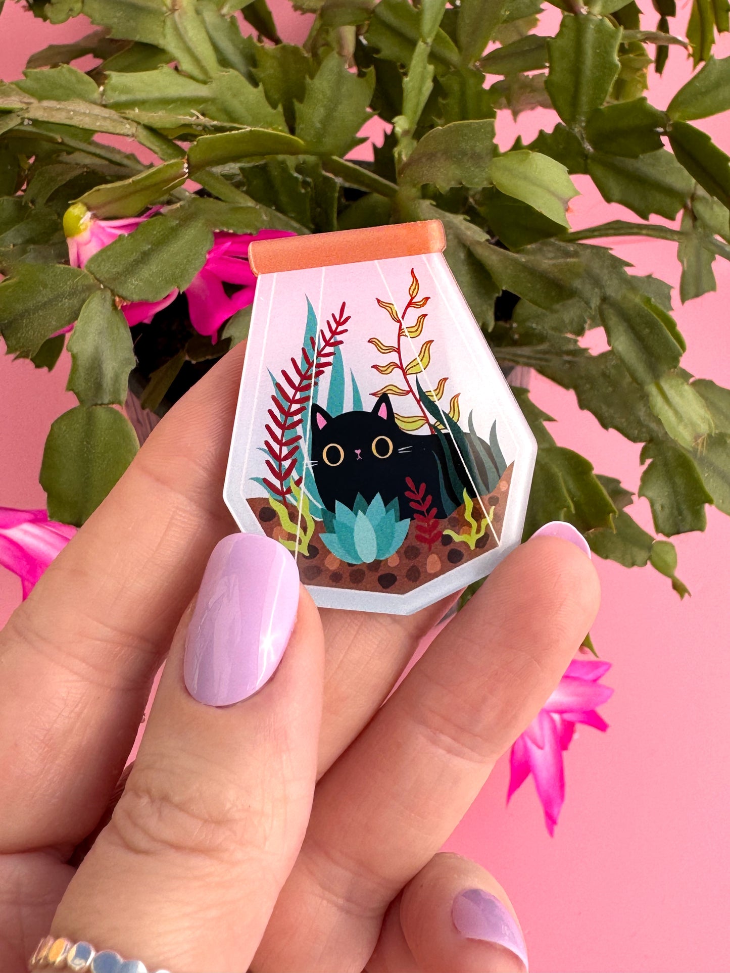 Black Cat Terrarium Acrylic Brooch | Kawaii Cat Pin for Plant Lovers | Cute Cat Brooch Gift