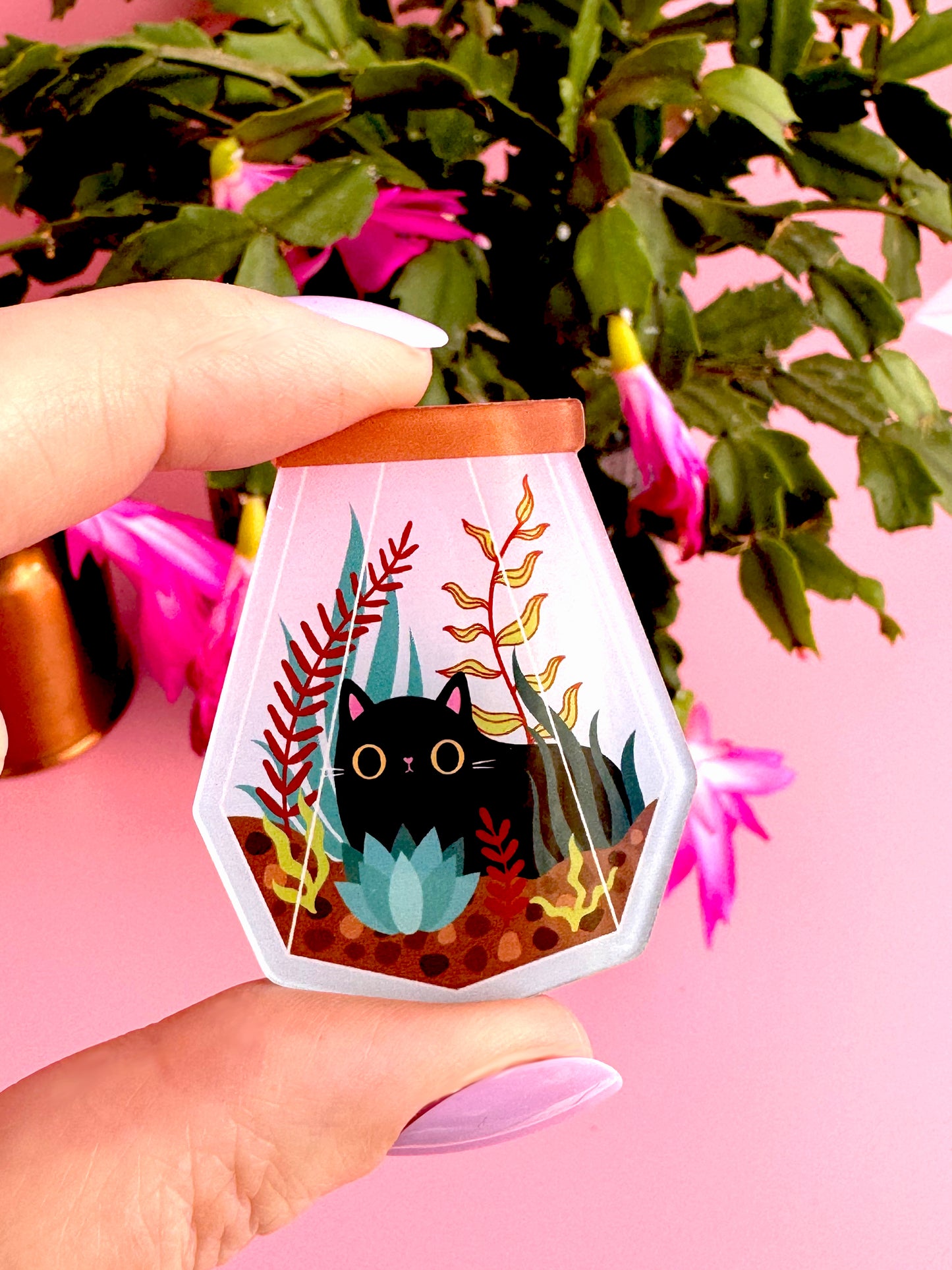 Black Cat Terrarium Acrylic Brooch | Kawaii Cat Pin for Plant Lovers | Cute Cat Brooch Gift