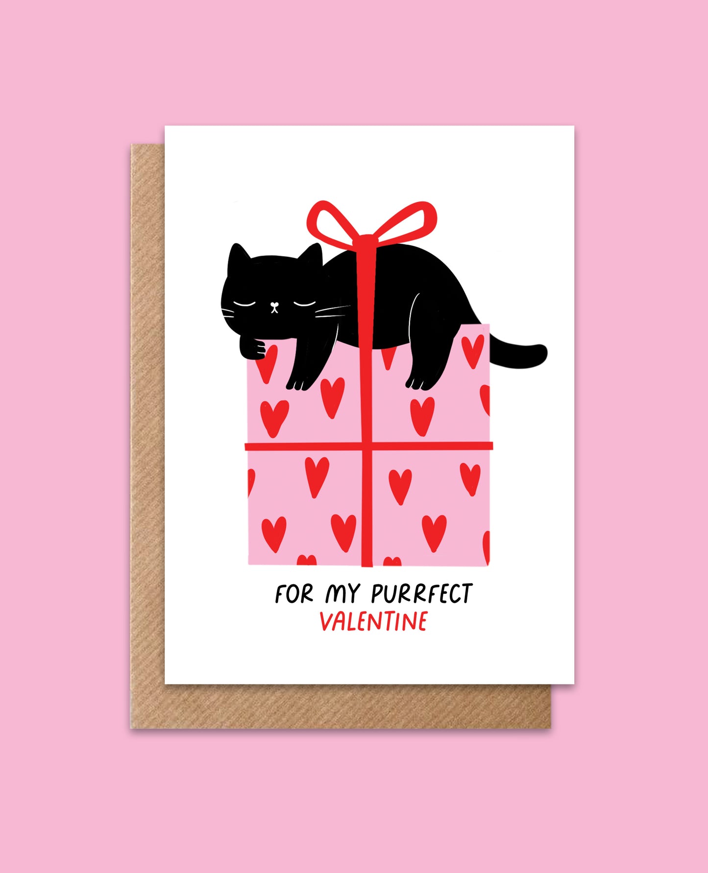 Adorable cat-themed Valentine's Day card featuring a black cat with sweet heart accents, perfect for sending love to your favourite feline fan.