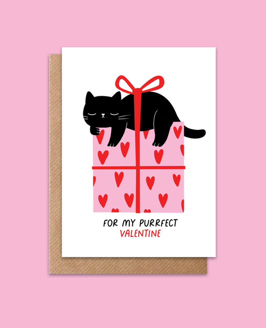 Adorable cat-themed Valentine's Day card featuring a black cat with sweet heart accents, perfect for sending love to your favourite feline fan.