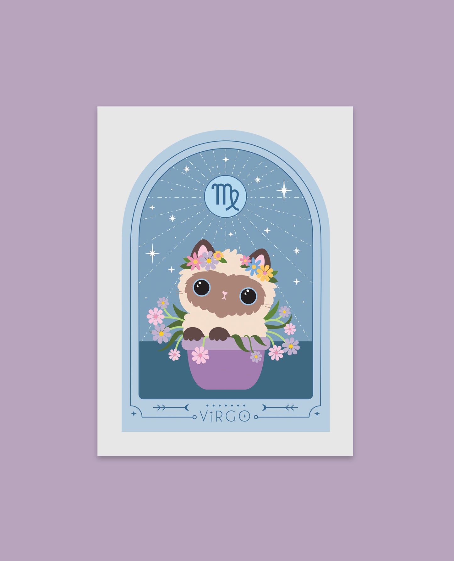 Virgo Zodiac Cat Art Print – Cute Siamese Kitty in Flower Pot, Astrology Star Sign Print, Perfect Virgo Birthday Gift