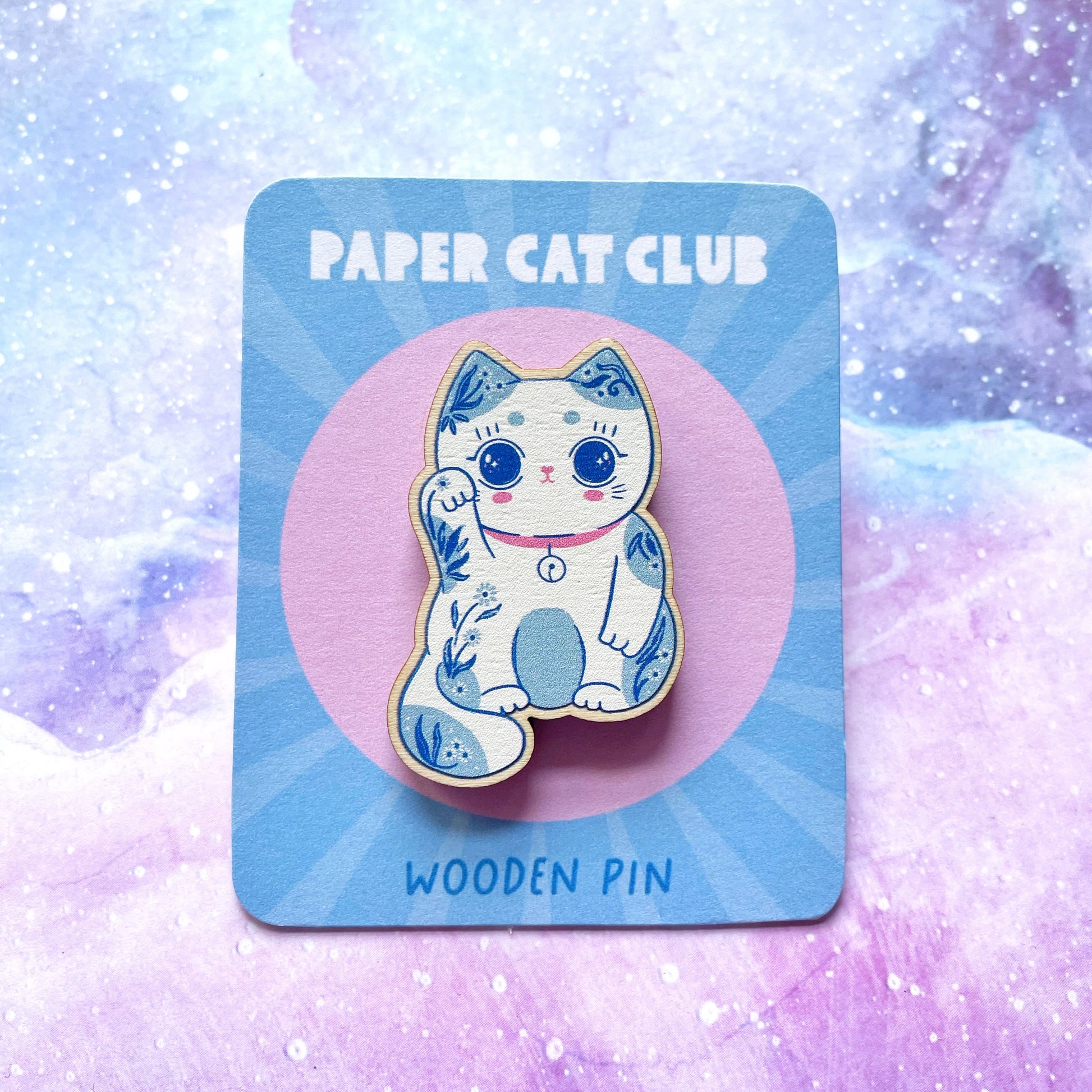Cute wooden lucky cat pin badge, eco-friendly and kawaii, perfect accessory for bags or jackets