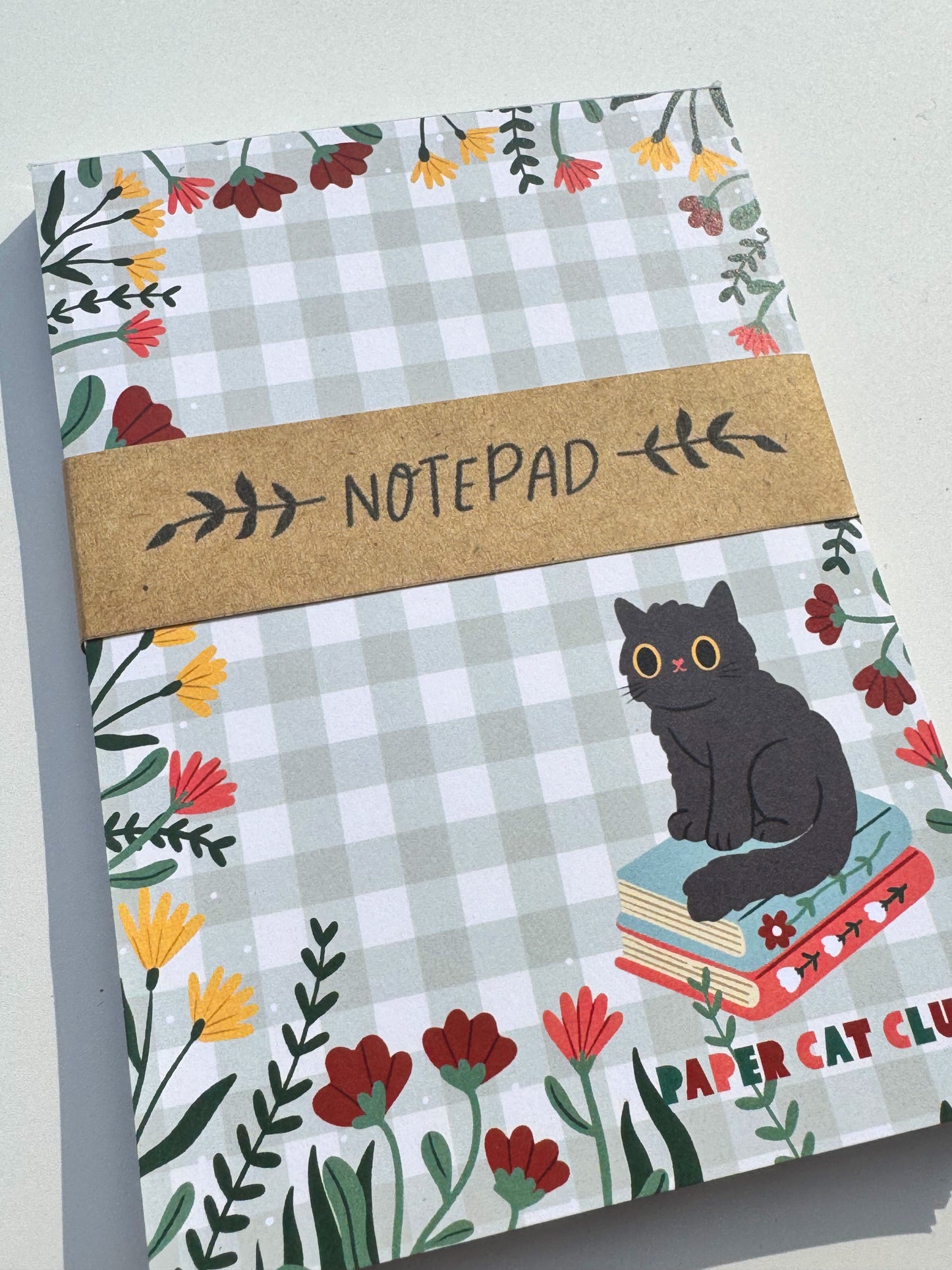 Cozy Book Kitty A6 Notepad - Cute Cat & Gingham small notepad