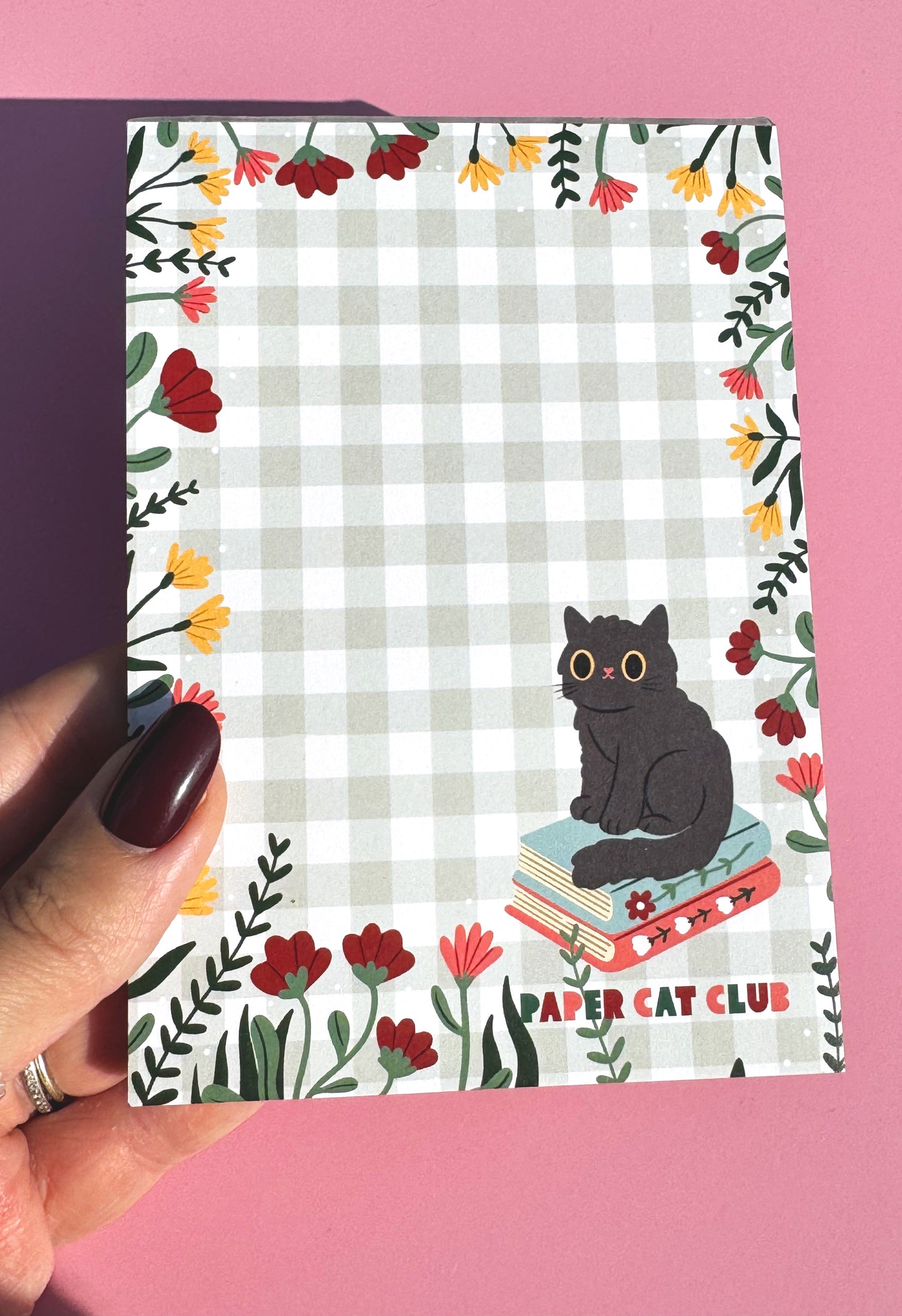 Cozy Book Kitty A6 Notepad - Cute Cat & Gingham small notepad