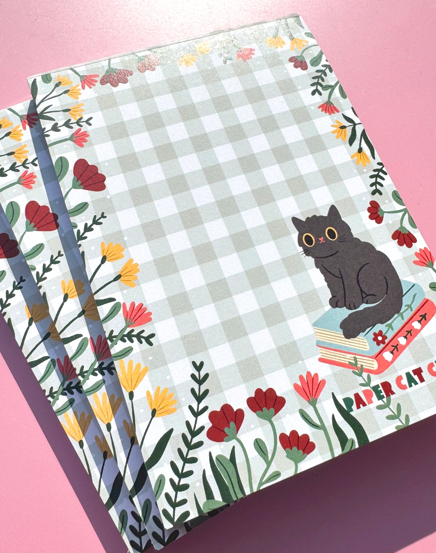 Cozy Book Kitty A6 Notepad - Cute Cat & Gingham small notepad