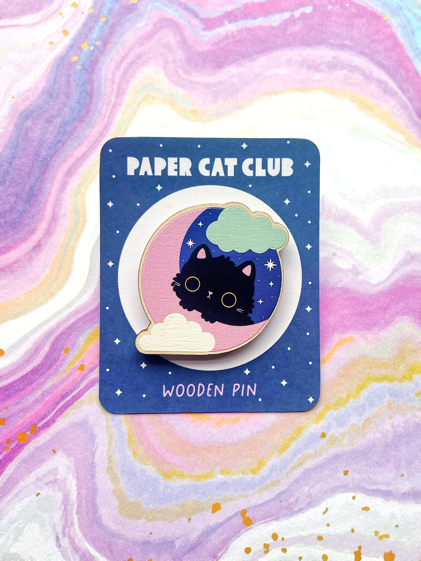 Kawaii celestial cat pin badge, sustainable wood cat pin for cat lovers, cute cat accessories, kawaii wood pin for jackets and bags