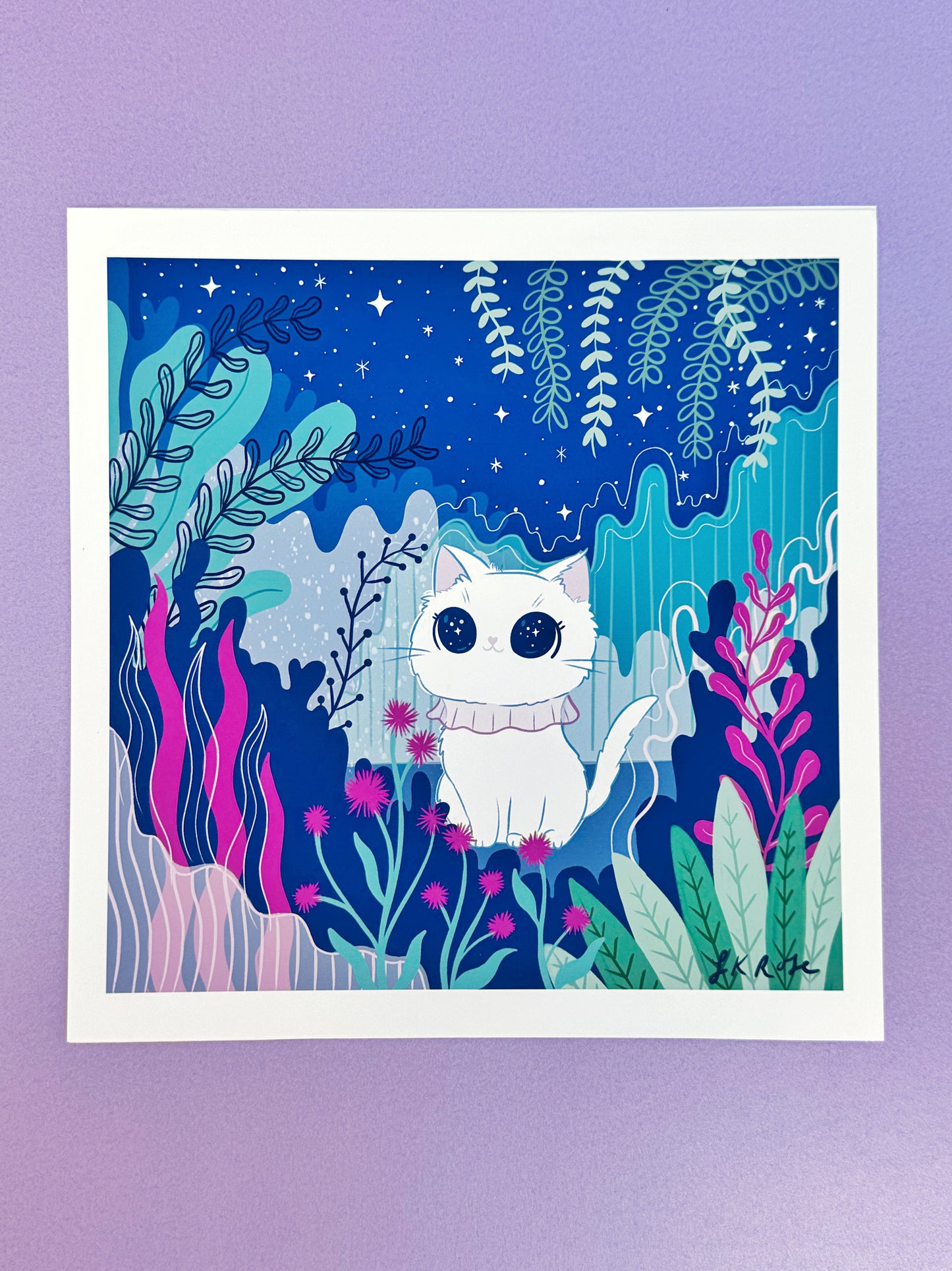White Cat Stargazer Art Print - Enchanted Forest Night, Cute Celestial Decor