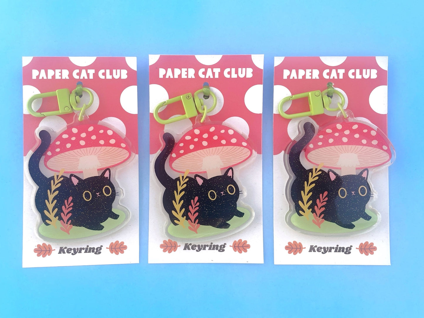 Sparkly Black Cat Keyring – Kawaii Cat Keychain with Toadstool, Autumn Cat Lover Gift