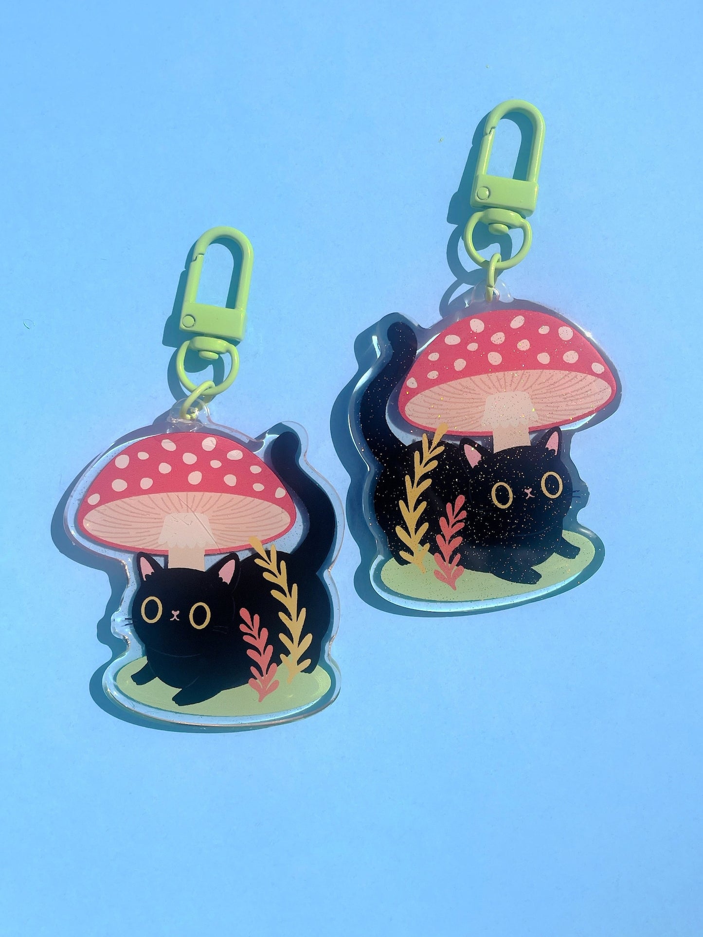 Sparkly Black Cat Keyring – Kawaii Cat Keychain with Toadstool, Autumn Cat Lover Gift