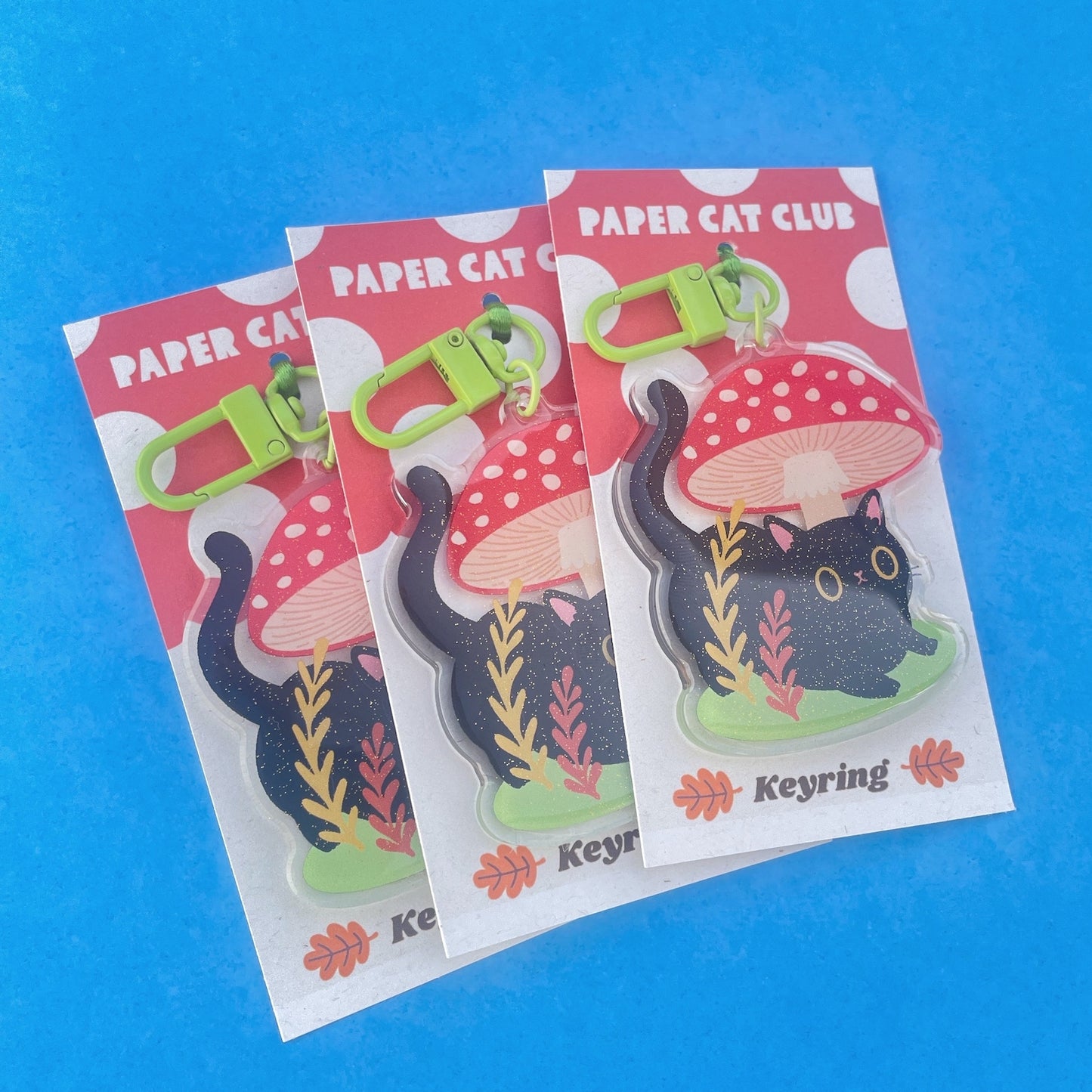 Sparkly Black Cat Keyring – Kawaii Cat Keychain with Toadstool, Autumn Cat Lover Gift