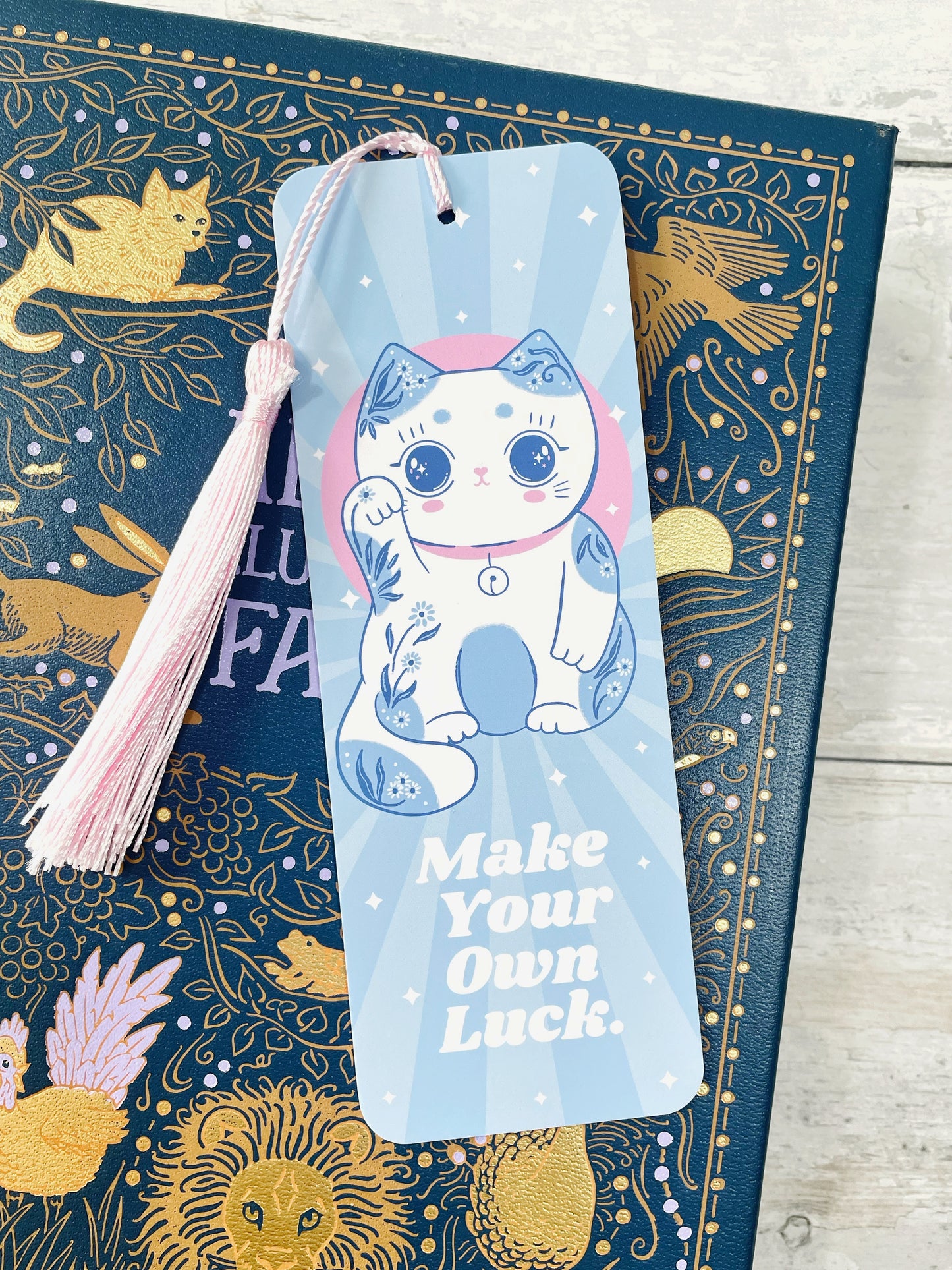 Light Blue Lucky Cat Bookmark - Kawaii Style Bookmark with Pink Tassel