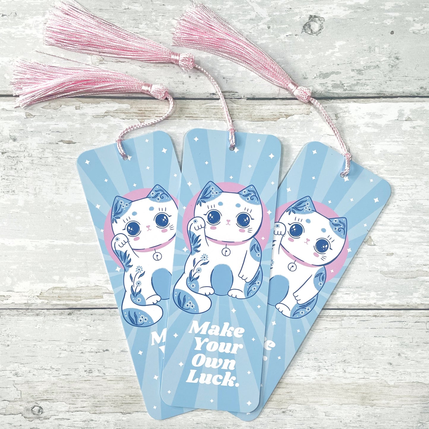 Light Blue Lucky Cat Bookmark - Kawaii Style Bookmark with Pink Tassel