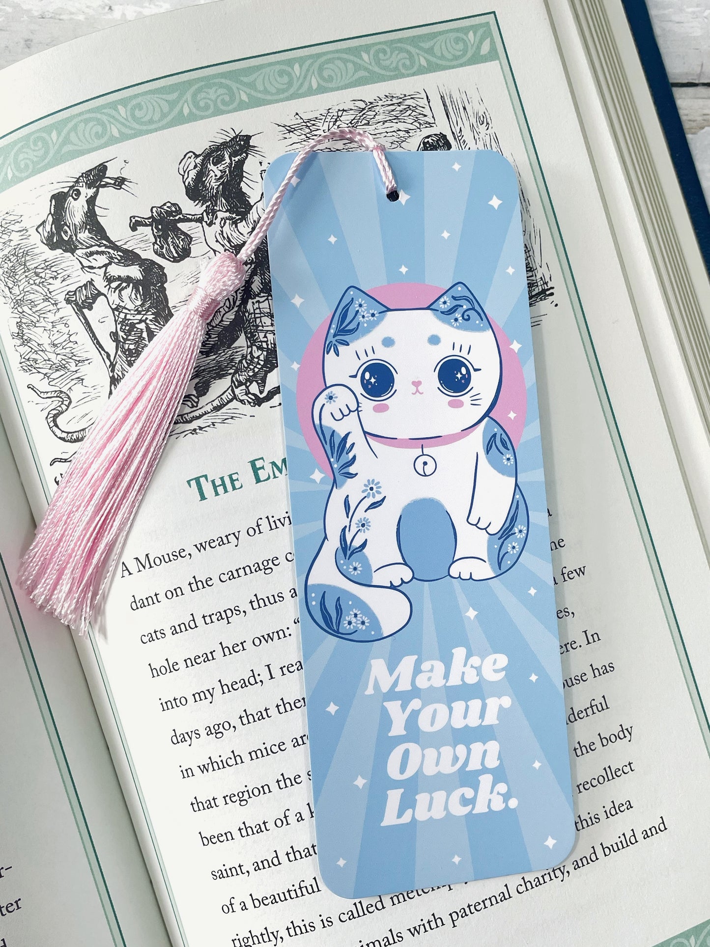 Light Blue Lucky Cat Bookmark - Kawaii Style Bookmark with Pink Tassel