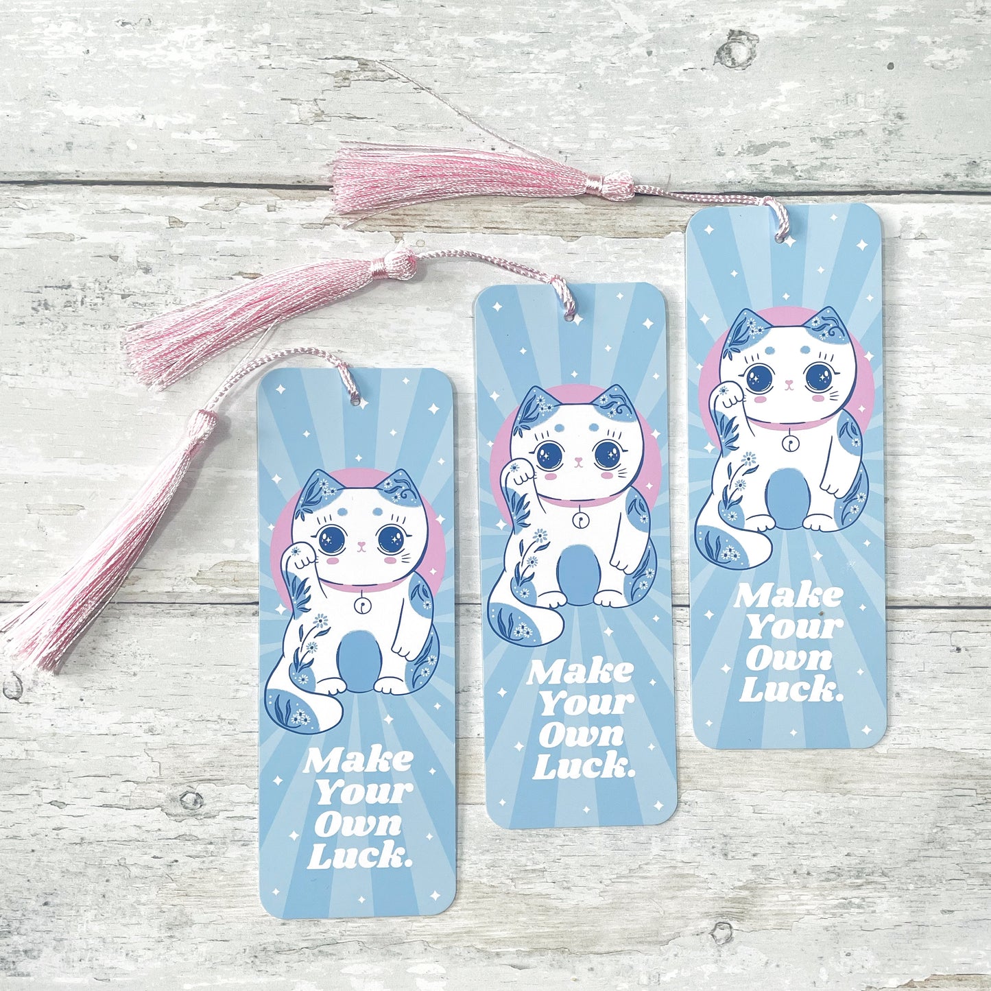 Light Blue Lucky Cat Bookmark - Kawaii Style Bookmark with Pink Tassel