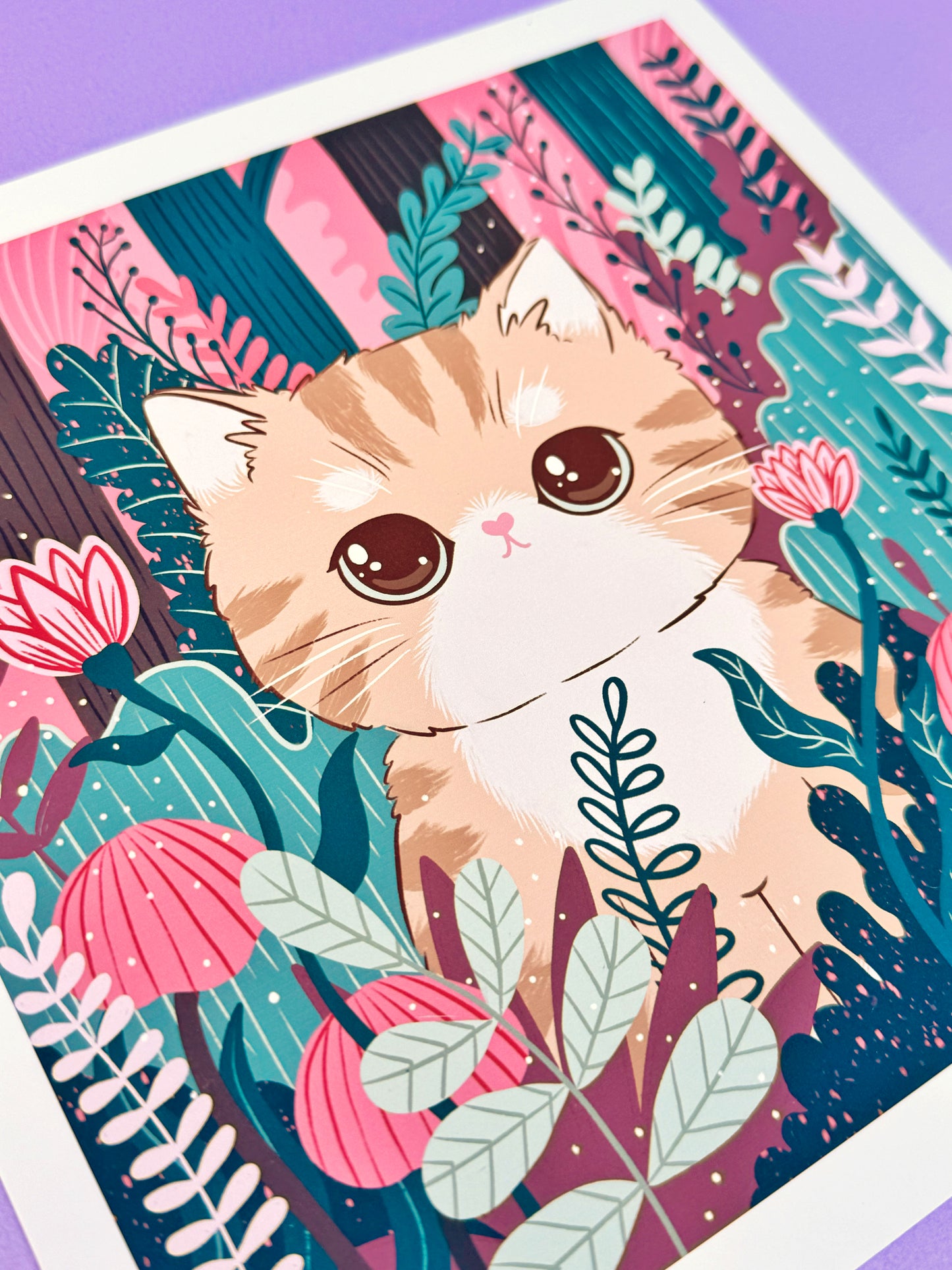 Sweet Kitty Art Print - Pink & Green Floral Dreams, Square art print
