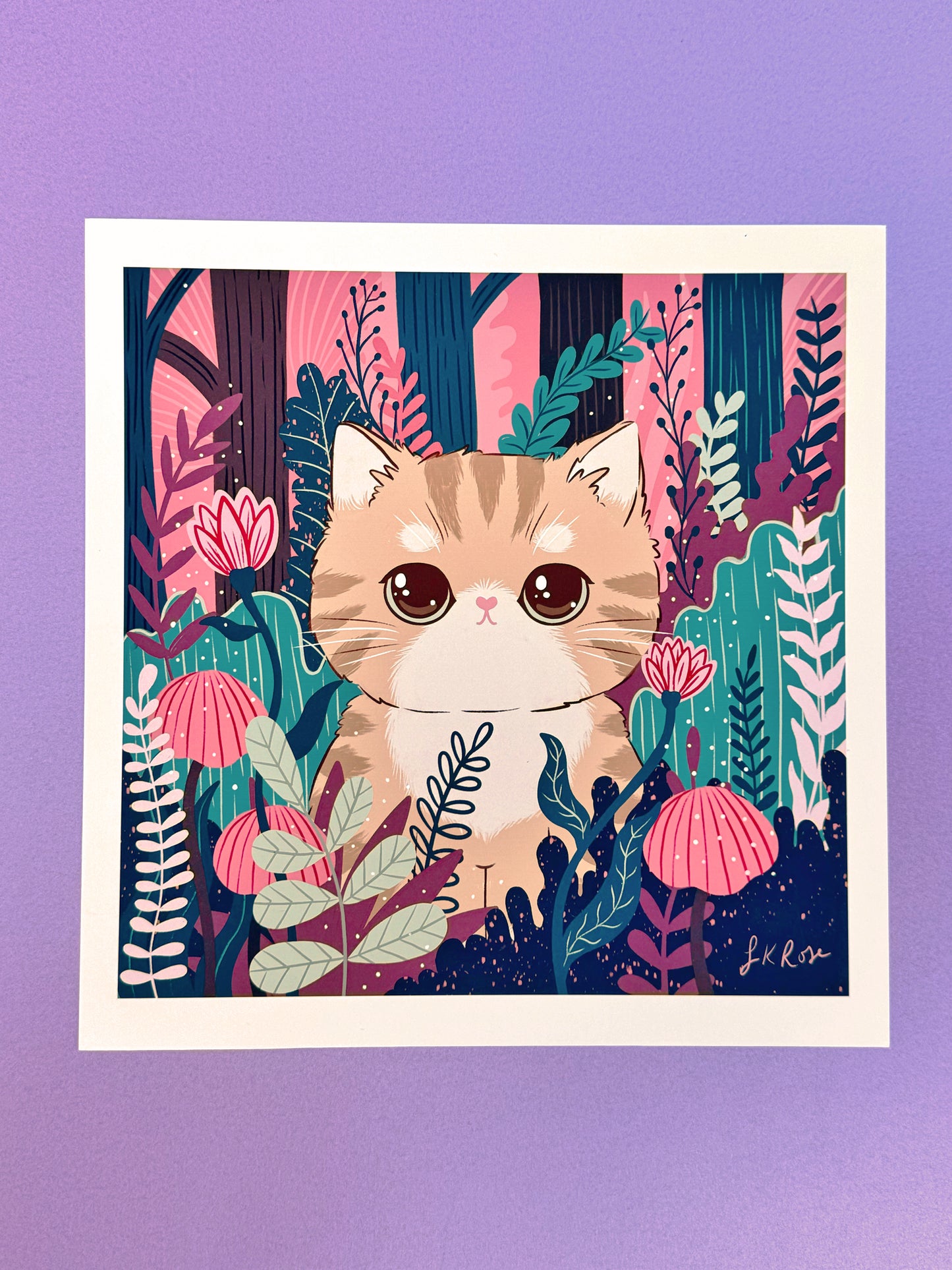 Sweet Kitty Art Print - Pink & Green Floral Dreams, Square art print