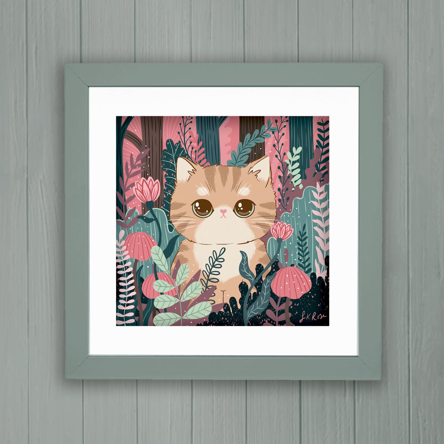 Sweet Kitty Art Print - Pink & Green Floral Dreams, Square art print