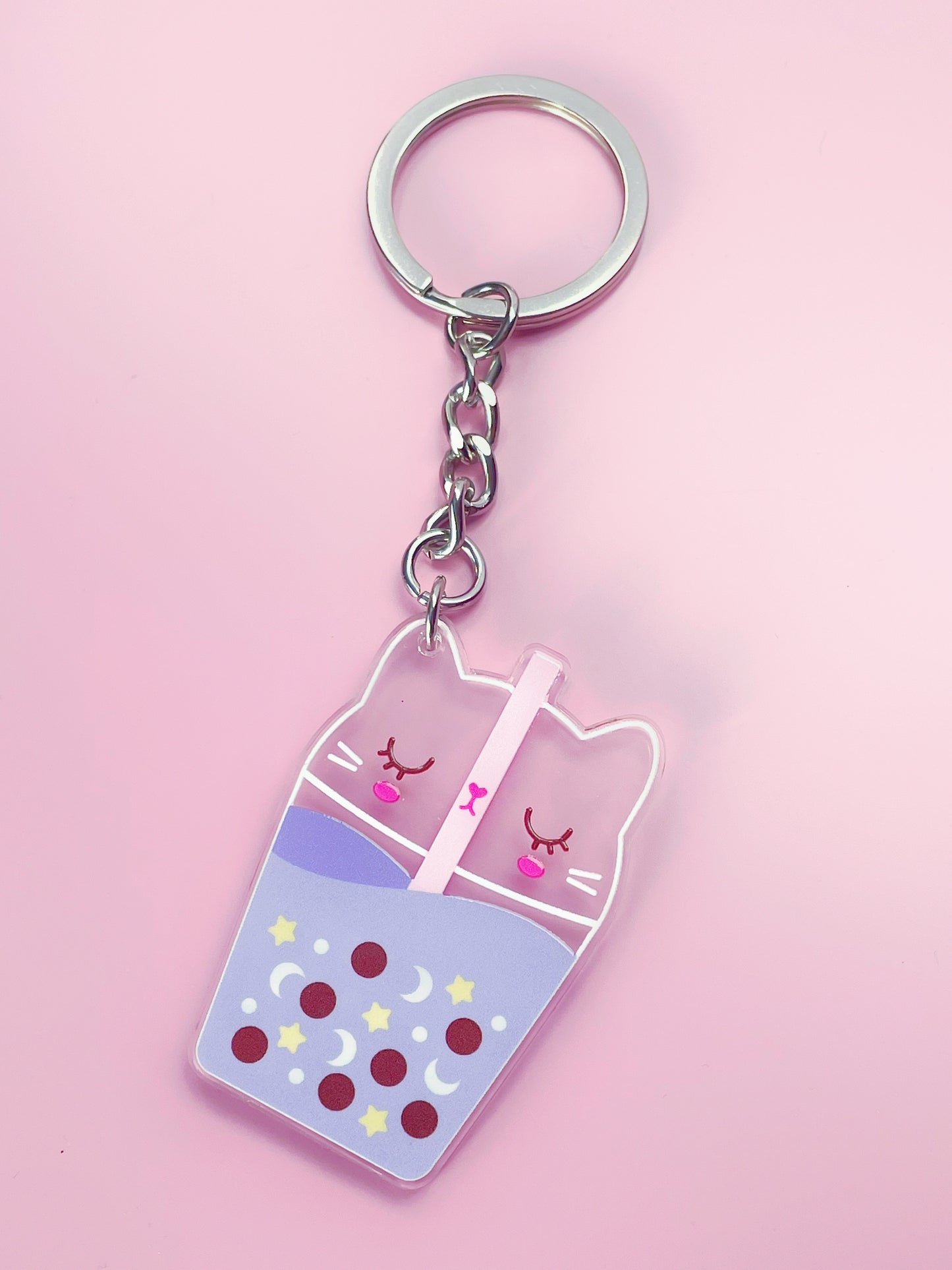 Kawaii lilac acrylic keyring featuring a double-sided design of a cute cat as bubble tea, perfect for cat lovers and kawaii fans
