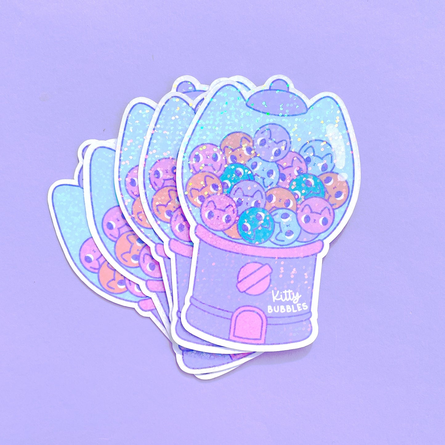 Sparkly kawaii cat bubblegum vending machine sticker, perfect for laptops, water bottles, and notebooks.