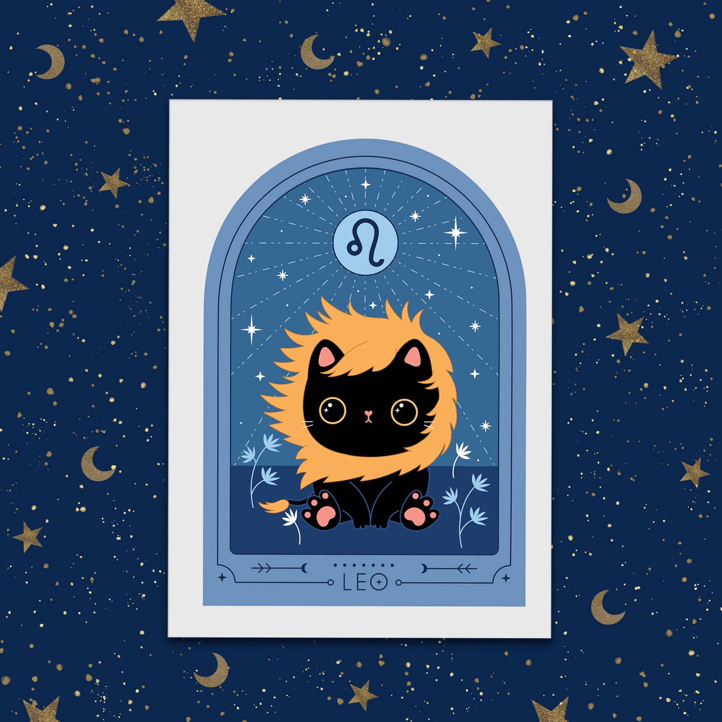 Cute black cat surrounded by stars in a Leo Zodiac Art Print. Perfect astrology gift for Leo, ideal as a Leo birthday gift or cat star sign art.