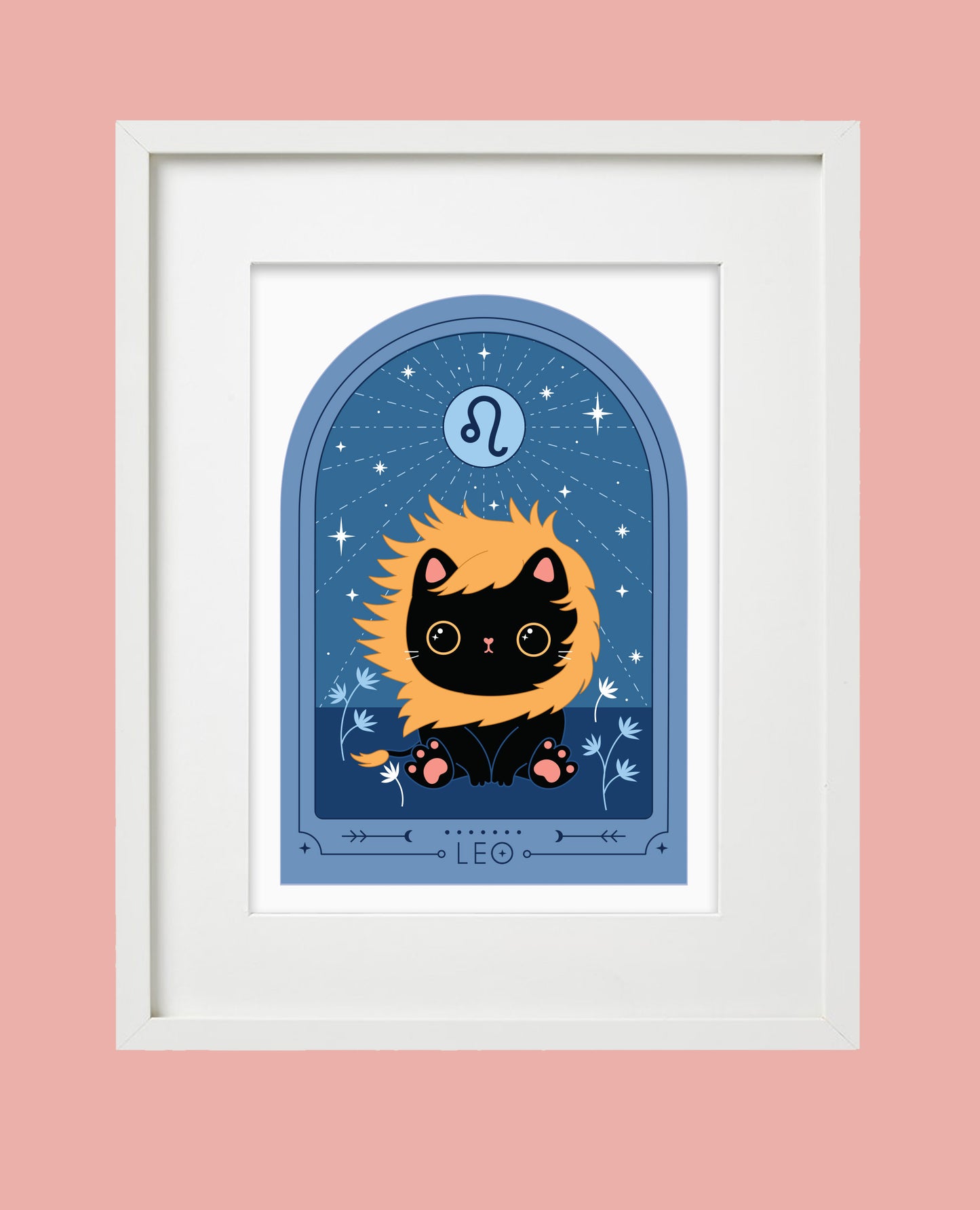 Cute black cat surrounded by stars in a Leo Zodiac Art Print. Perfect astrology gift for Leo, ideal as a Leo birthday gift or cat star sign art.