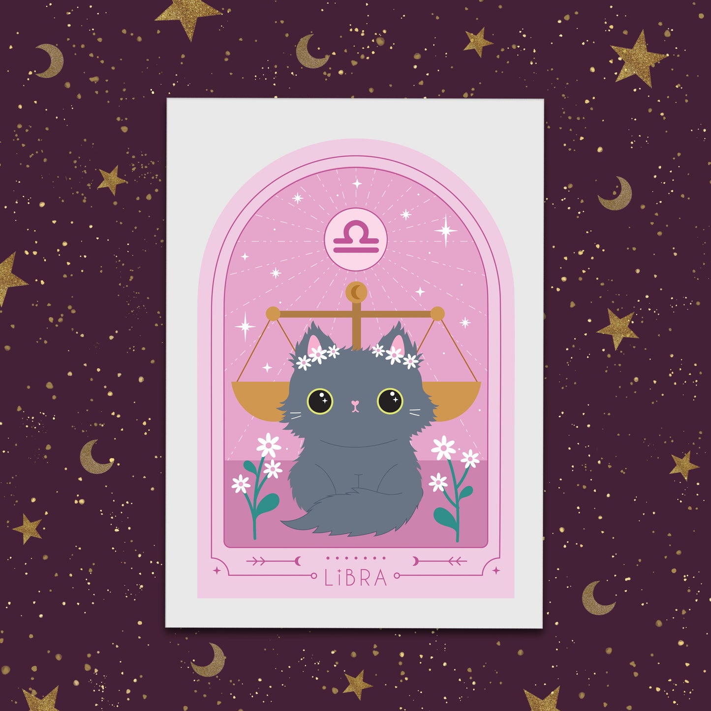 Cute Libra Cat Zodiac Art Print, featuring a charming cat with astrology details. Perfect astrology gift for Libra, ideal as a Libra birthday gift or cat star sign art.