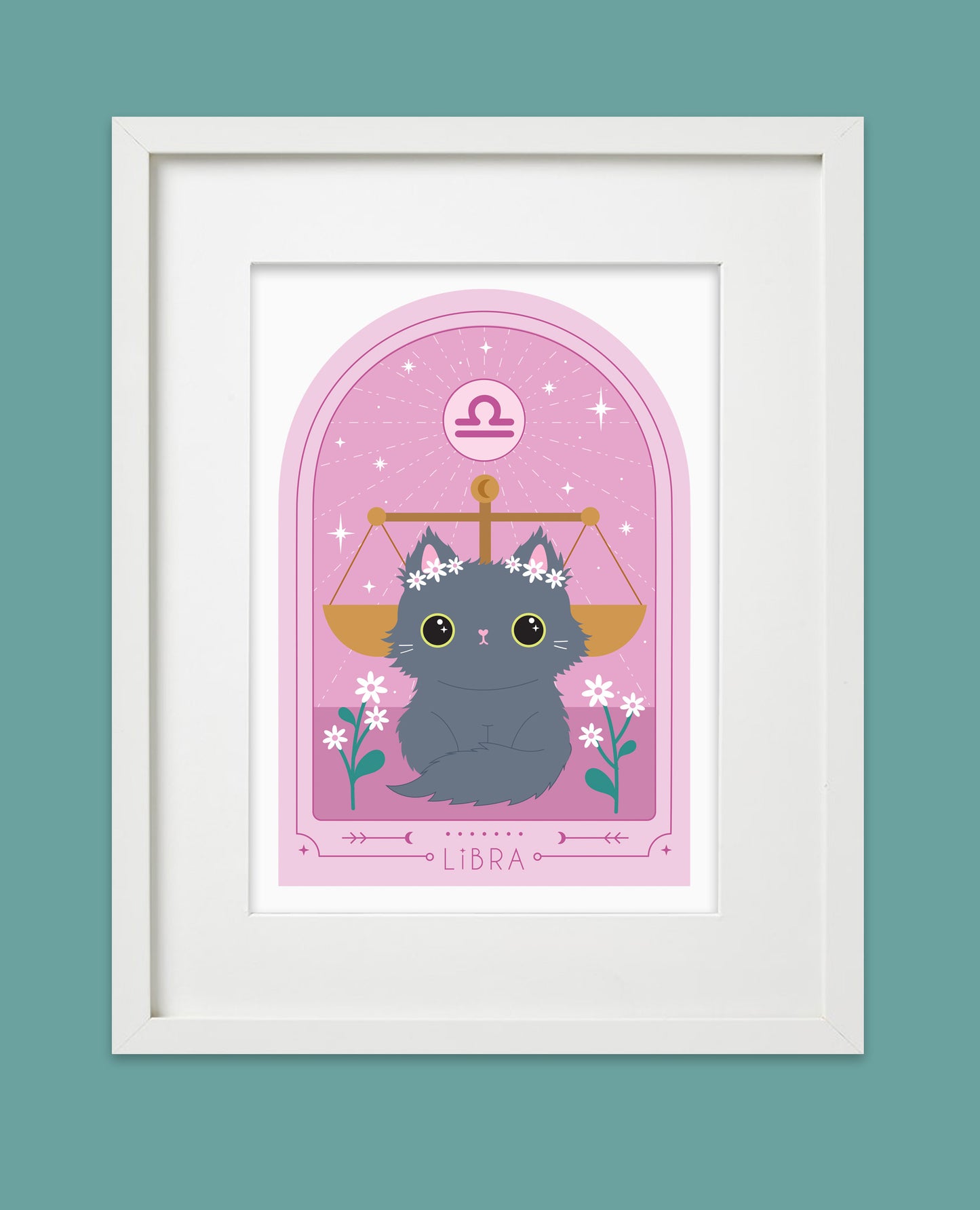 Framed Libra Cat Zodiac Art Print, featuring a charming cat with astrology details. Perfect astrology gift for Libra, ideal as a Libra birthday gift or framed cat star sign art
