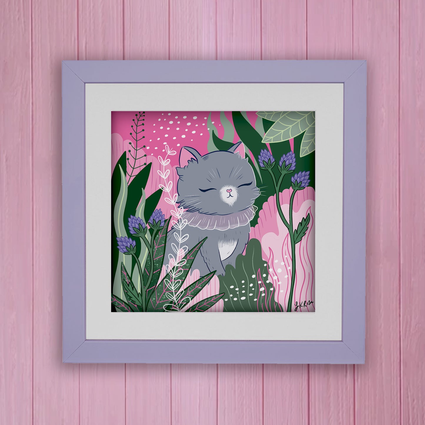 Serene Grey Cat Forest Art Print - Zen Kitty, Bold Pink & Green Woodland