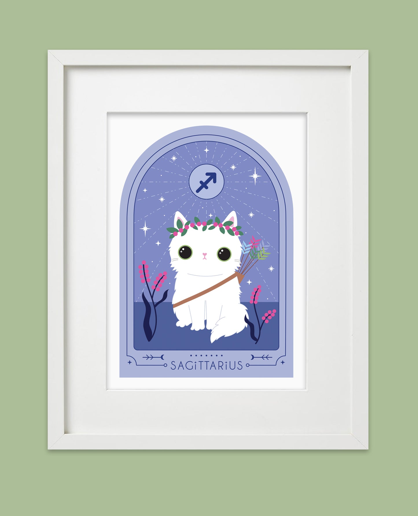 Framed white cat wearing arrows in a Sagittarius Zodiac Art Print. Perfect astrology gift for Sagittarius, ideal as a Sagittarius birthday gift or framed cat star sign art.