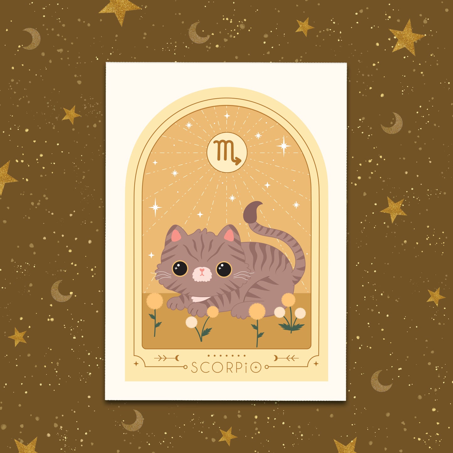 Cute tabby cat with a Scorpio tail in a Scorpio Zodiac Art Print. Perfect astrology gift for Scorpio, ideal as a Scorpio birthday gift or cat star sign art