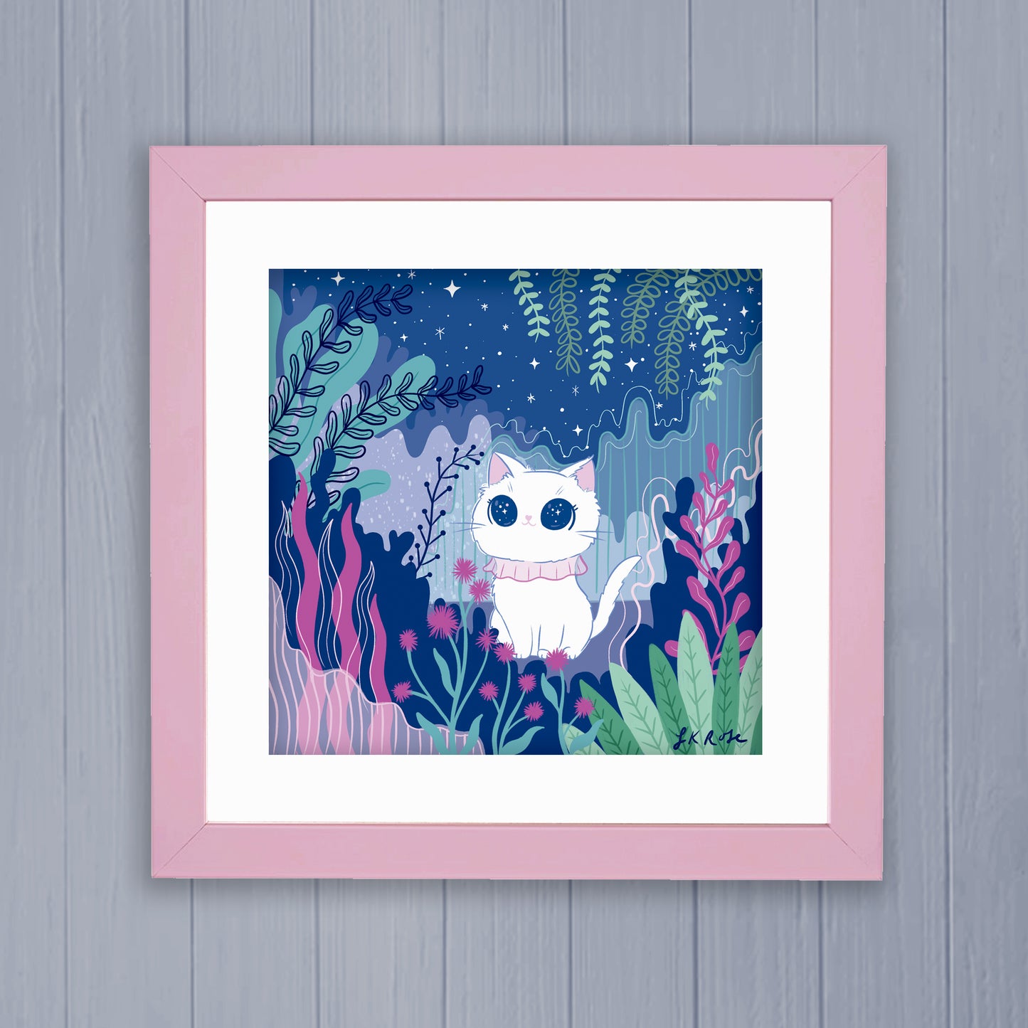 Framed White cat stargazer art print, a cute celestial decor piece showing a white kitty looking at stars in an enchanted forest night.