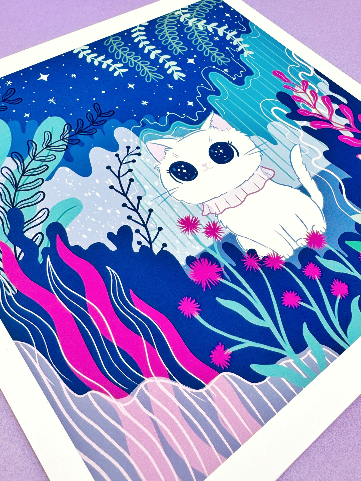 Close-up of a sweet white kitty stargazing in a forest art print, highlighting the cute and whimsical details of the celestial scene