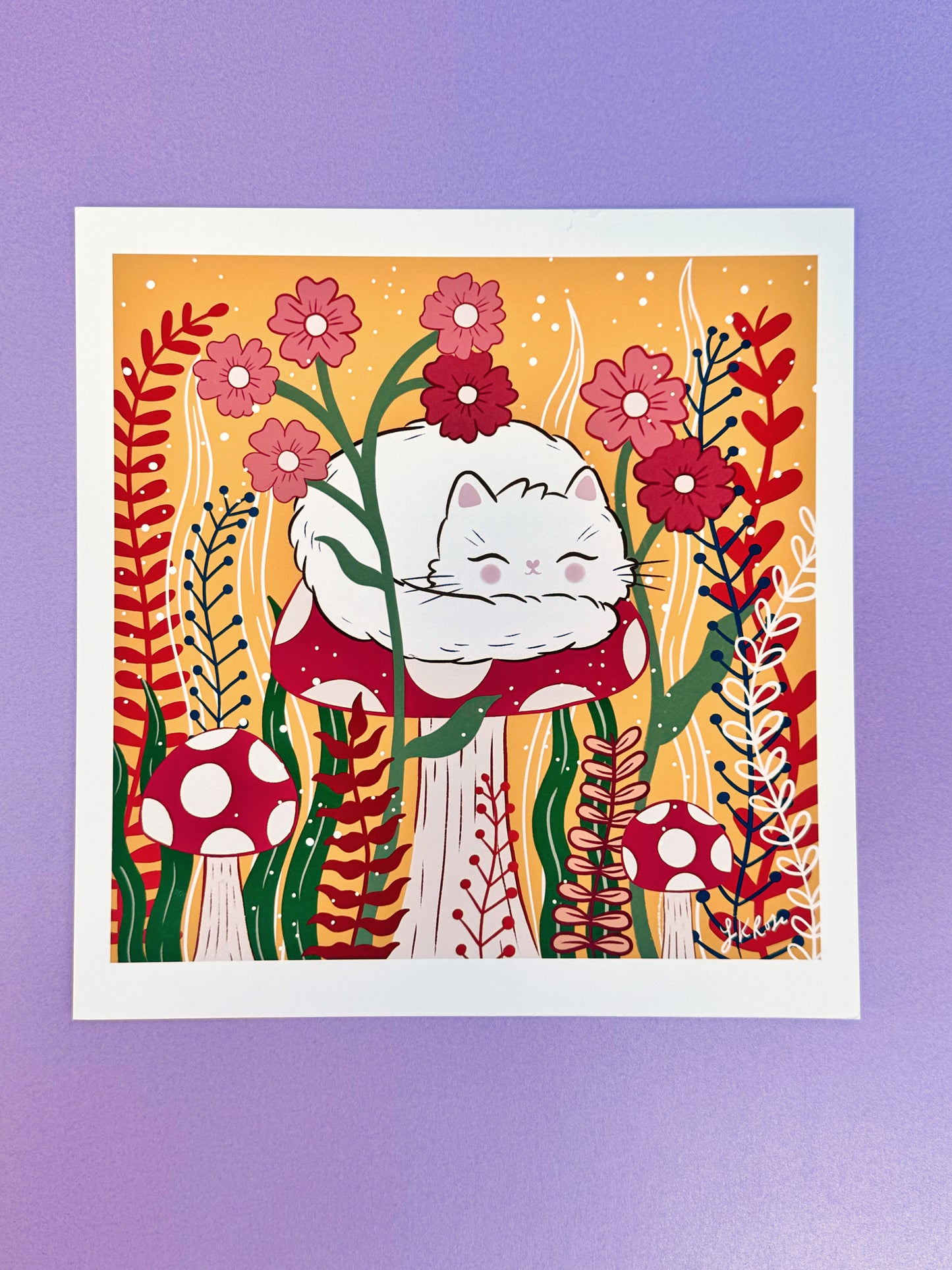 Whimsical Kitty Toadstool Art Print - Cream Fluffy Cat in Autumn Wonderland