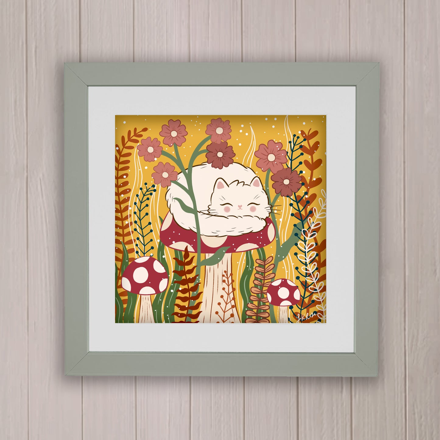 Whimsical Kitty Toadstool Art Print - Cream Fluffy Cat in Autumn Wonderland