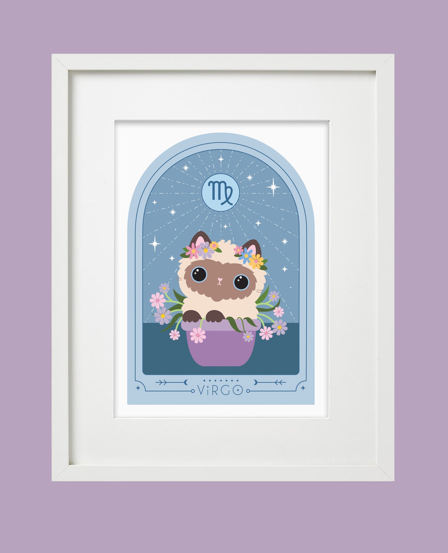 Framed Siamese cat in a flower pot in a Virgo Zodiac Art Print. Perfect astrology gift for Virgo, ideal as a Virgo birthday gift or framed cat star sign print