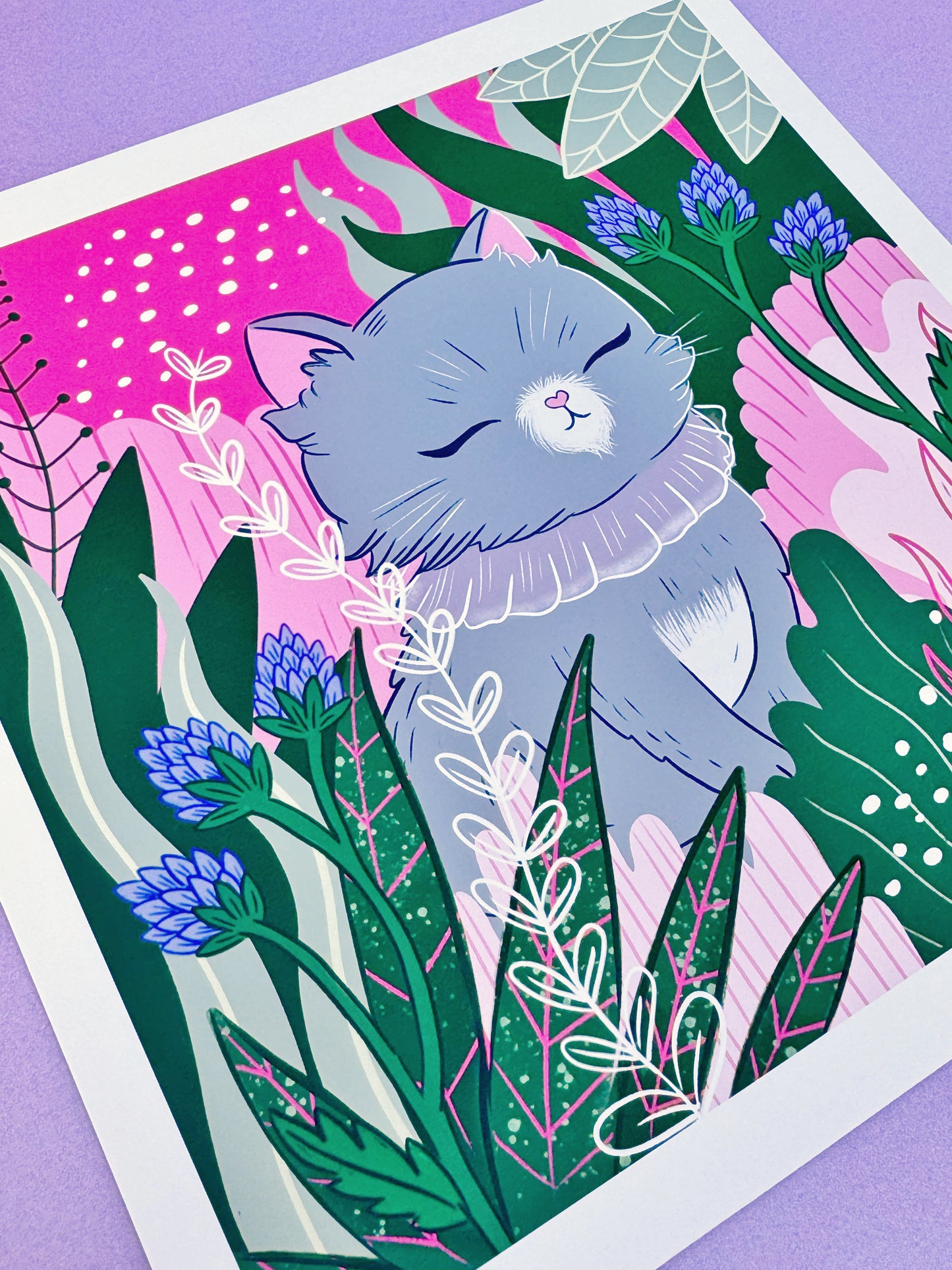 Serene Grey Cat Forest Art Print - Zen Kitty, Bold Pink & Green Woodland