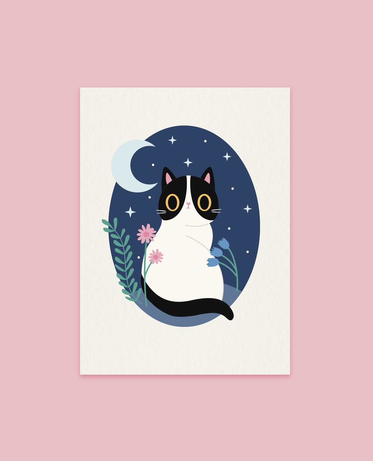 Wildflower Night Time Cat Art print - Choose your cat