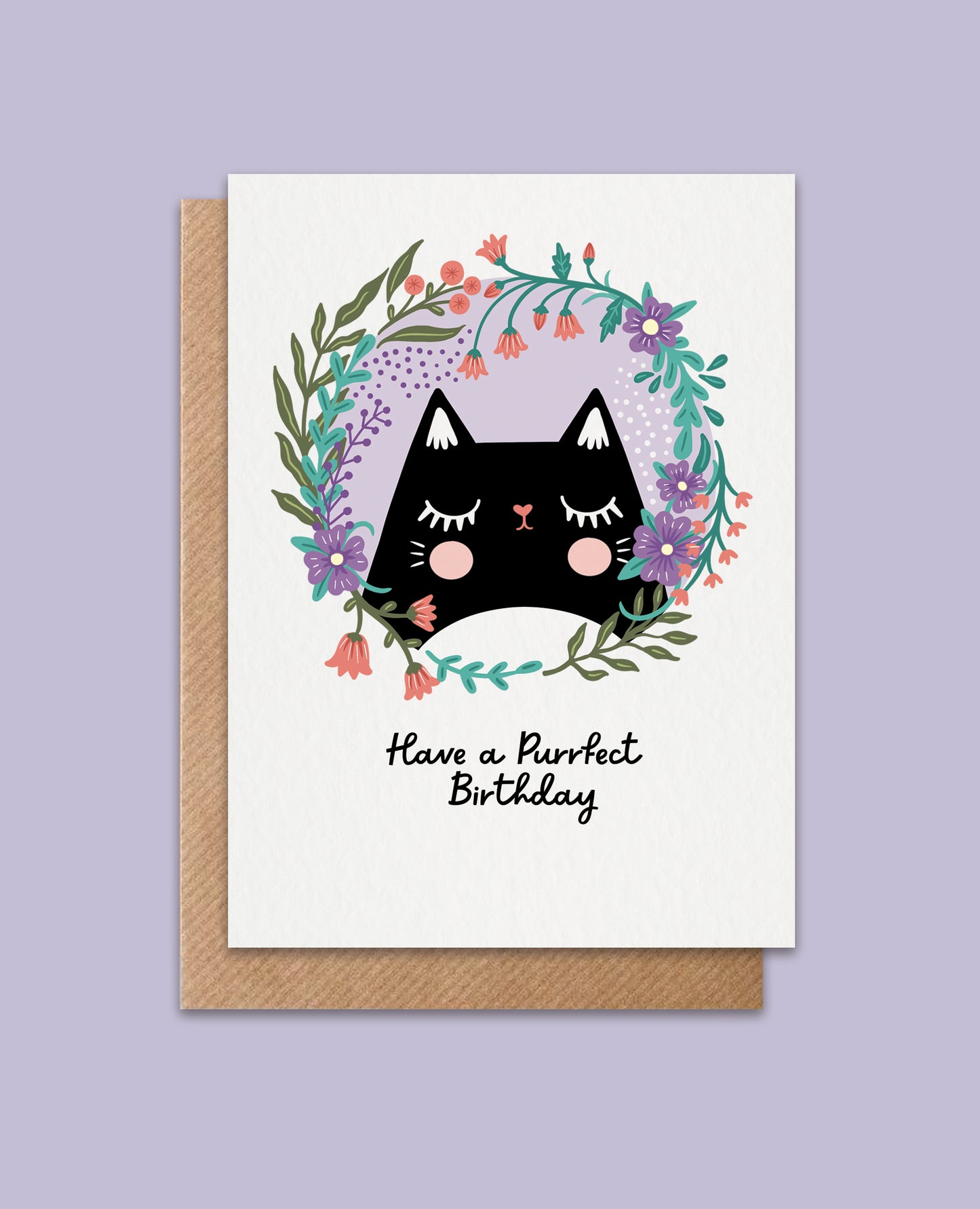 Adorable black cat birthday card with floral design, eco-friendly packaging with biodegradable sleeve and recyclable kraft envelope, A6 size