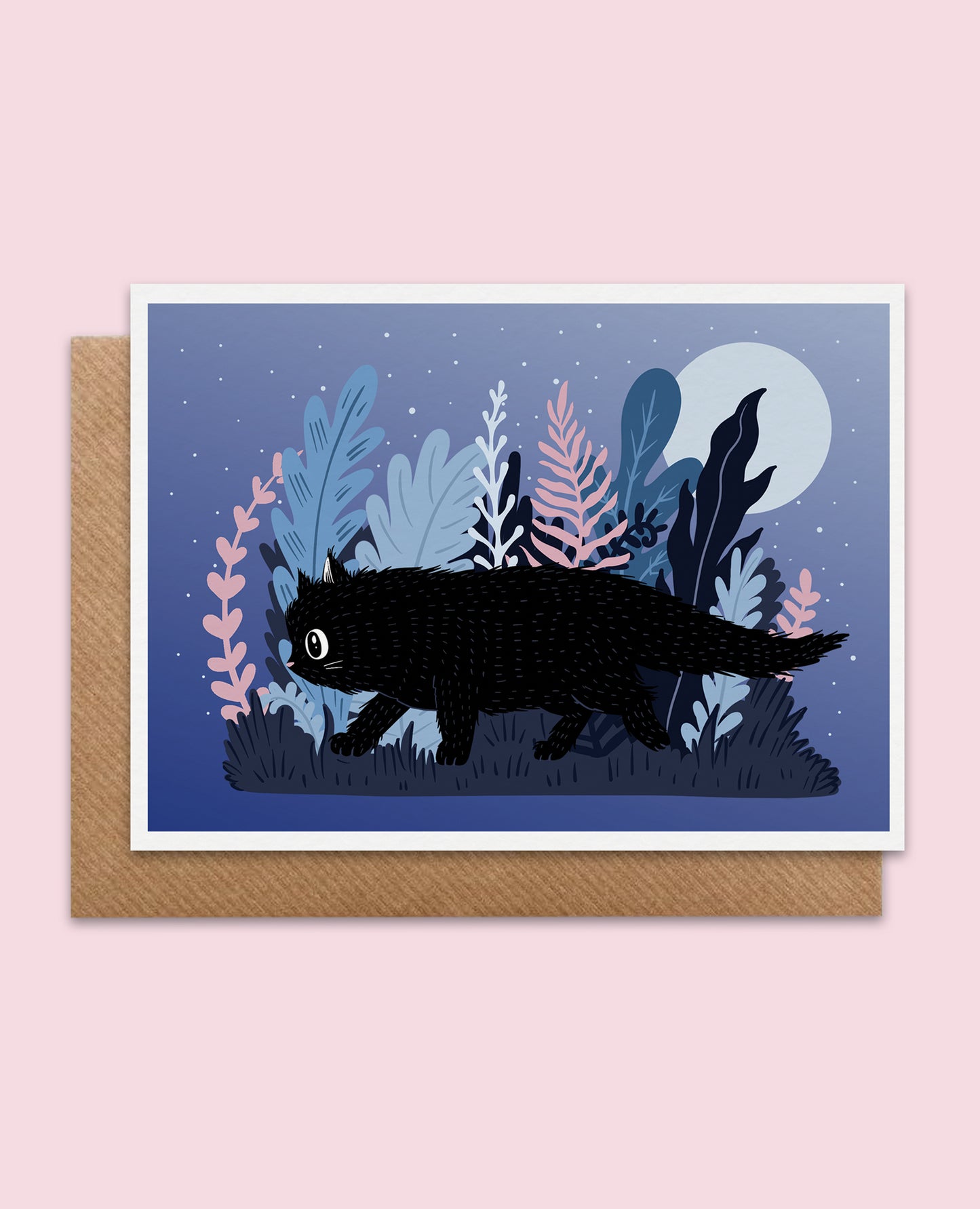 Black cat birthday card with cute cat art, blank inside, eco-friendly greeting card for cat lovers.