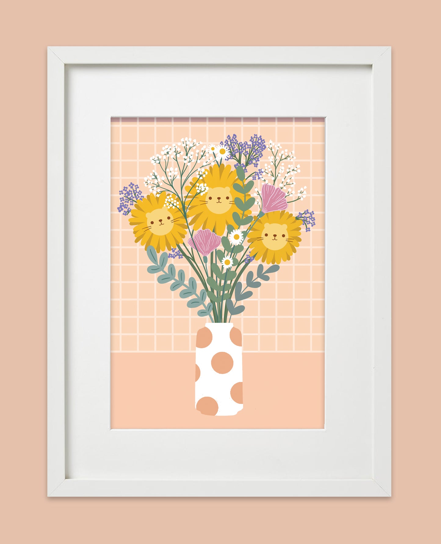 Floral sunflowers lions bouquet in vase cute art print