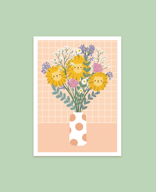 Floral sunflowers lions bouquet in vase cute art print