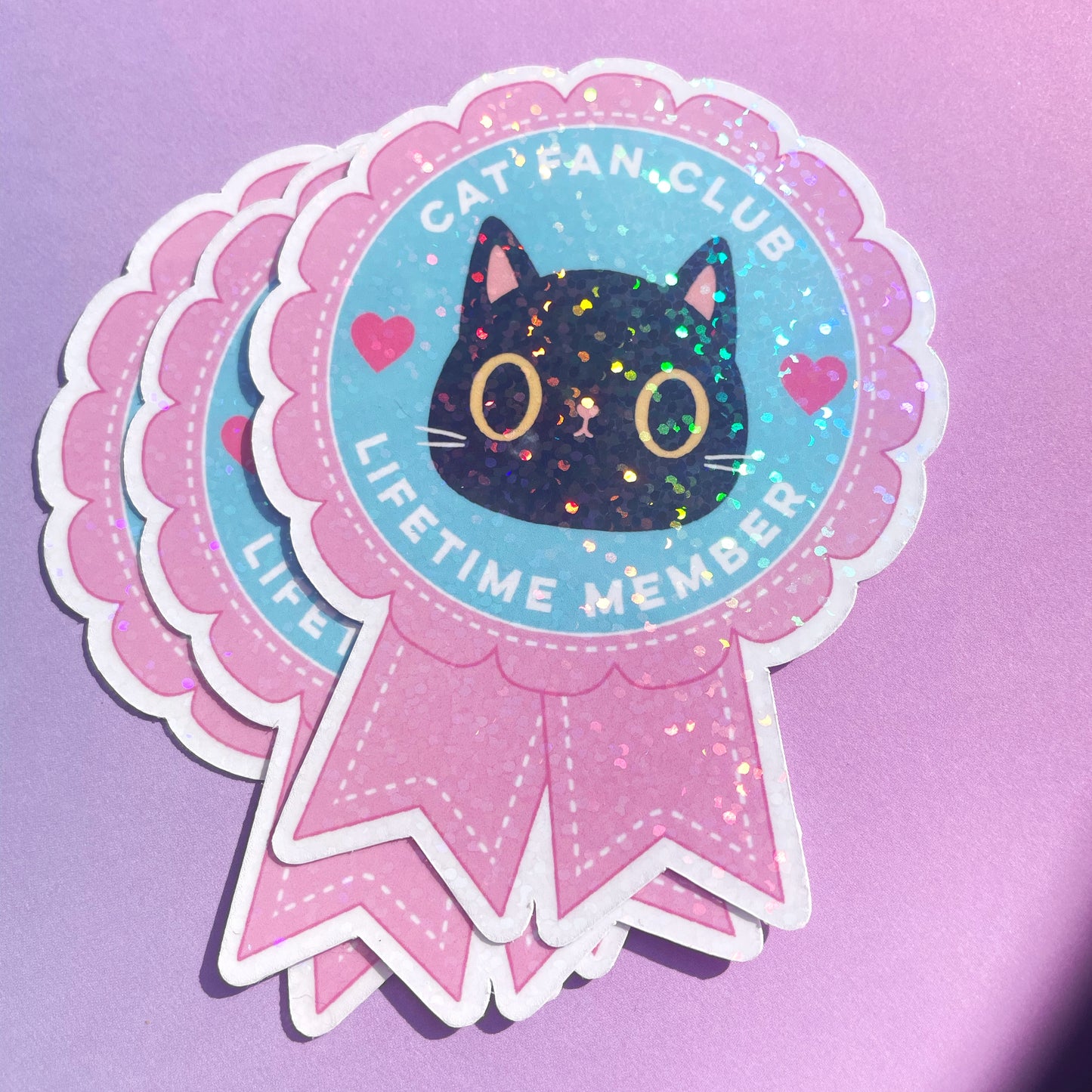 Kawaii Sparkly Rosette Shaped Cat Fan Club Vinyl Sticker - Holographic Sparkle