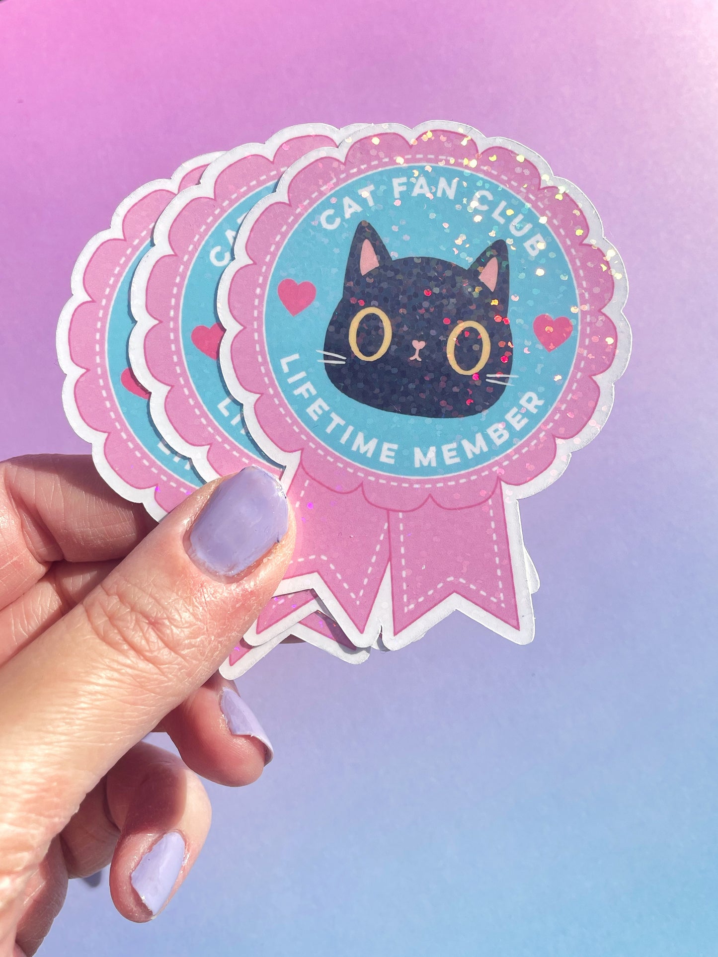 Kawaii Sparkly Rosette Shaped Cat Fan Club Vinyl Sticker - Holographic Sparkle