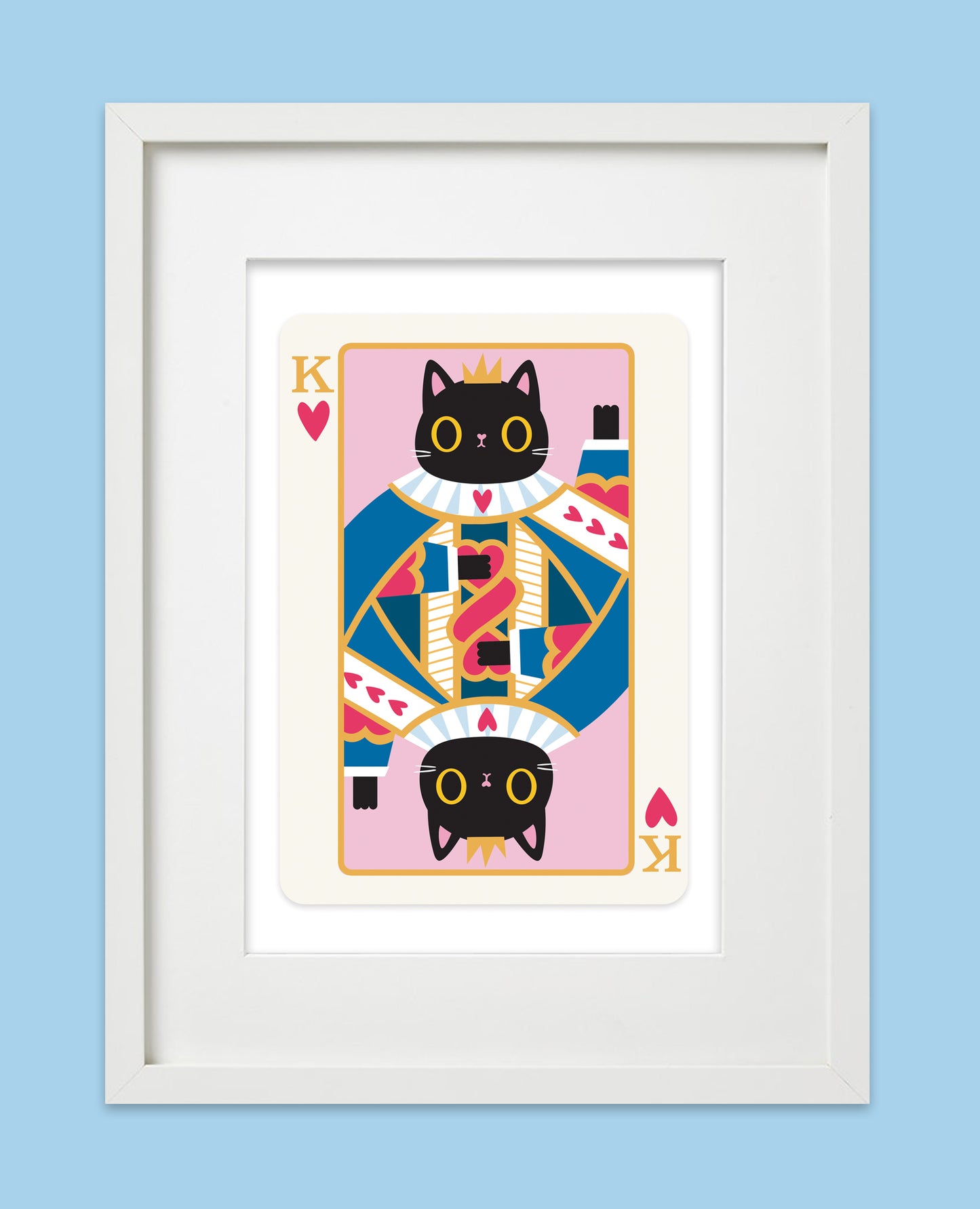 Framed Black Cat King of Hearts Art Print featuring a playful black cat in pop art style