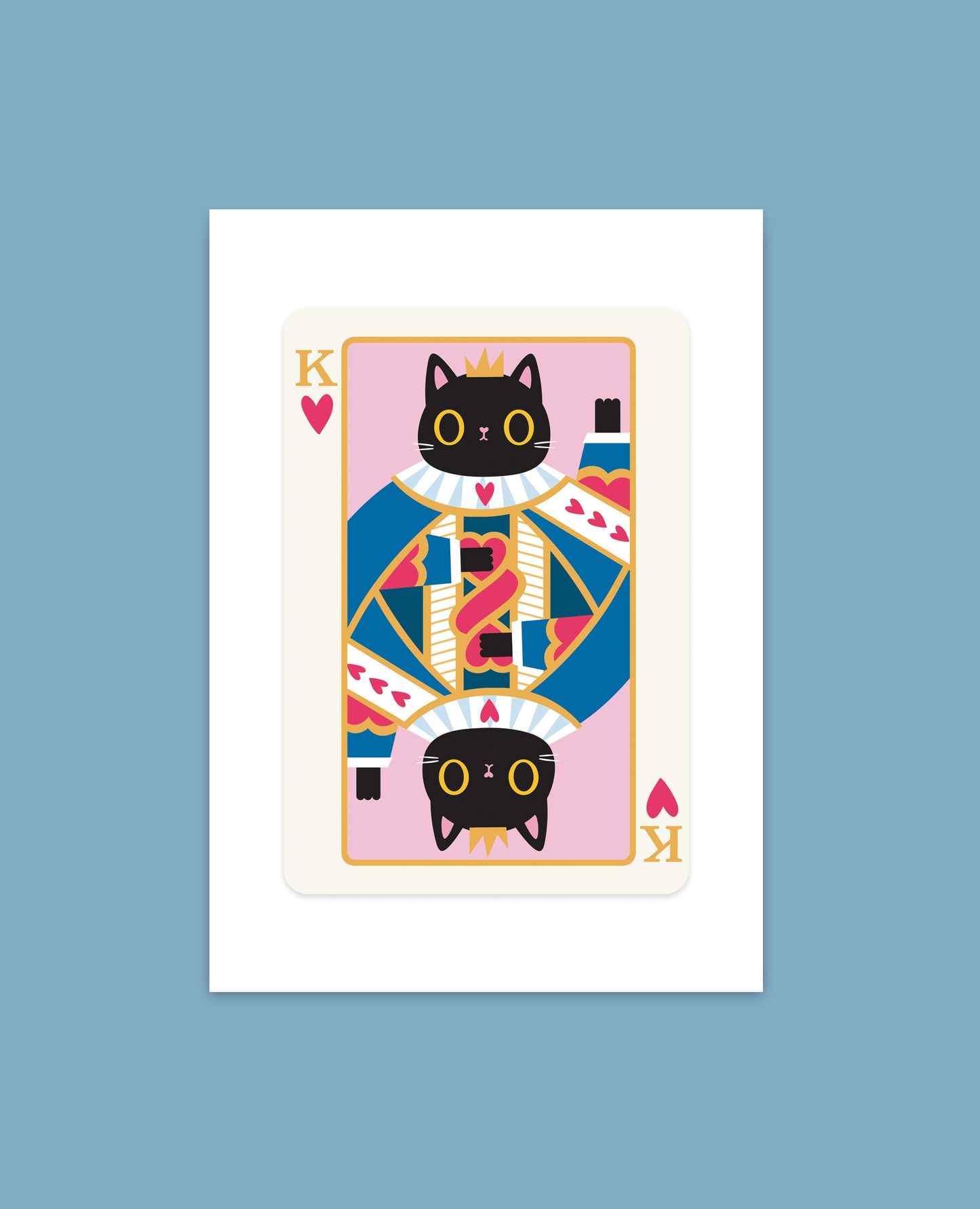 Unframed Black Cat King of Hearts Art Print featuring a playful black cat wearing a heart-themed crown, blending pop art style with cute, quirky elements. Available in A5 and A4 sizes, printed on thick 230gsm paper with eco-friendly packaging